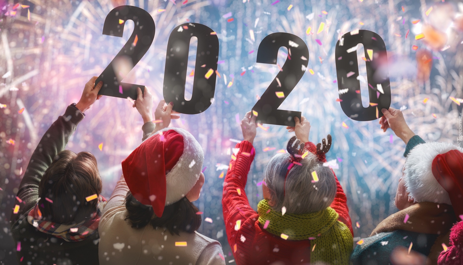 Nowy Rok, Cyfry, 2020, Ludzie, Fajerwerki, Konfetti
