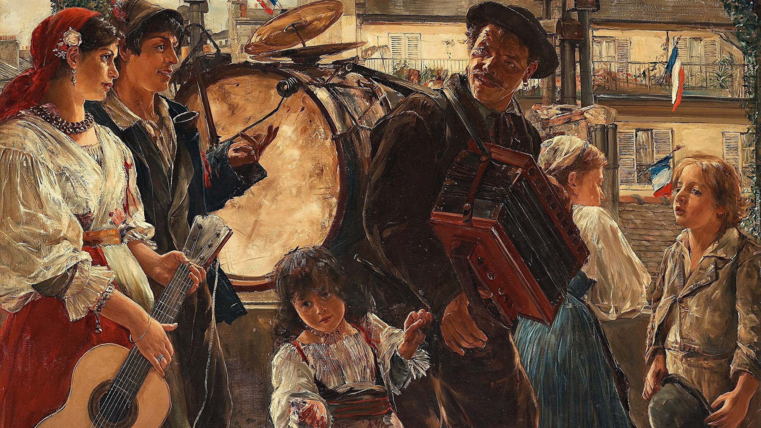 Malarstwo, Obraz, Ernst Abraham Josephson, Kobieta, Mężczyźni, Dzieci, Instrumenty, Akordeon, Bęben