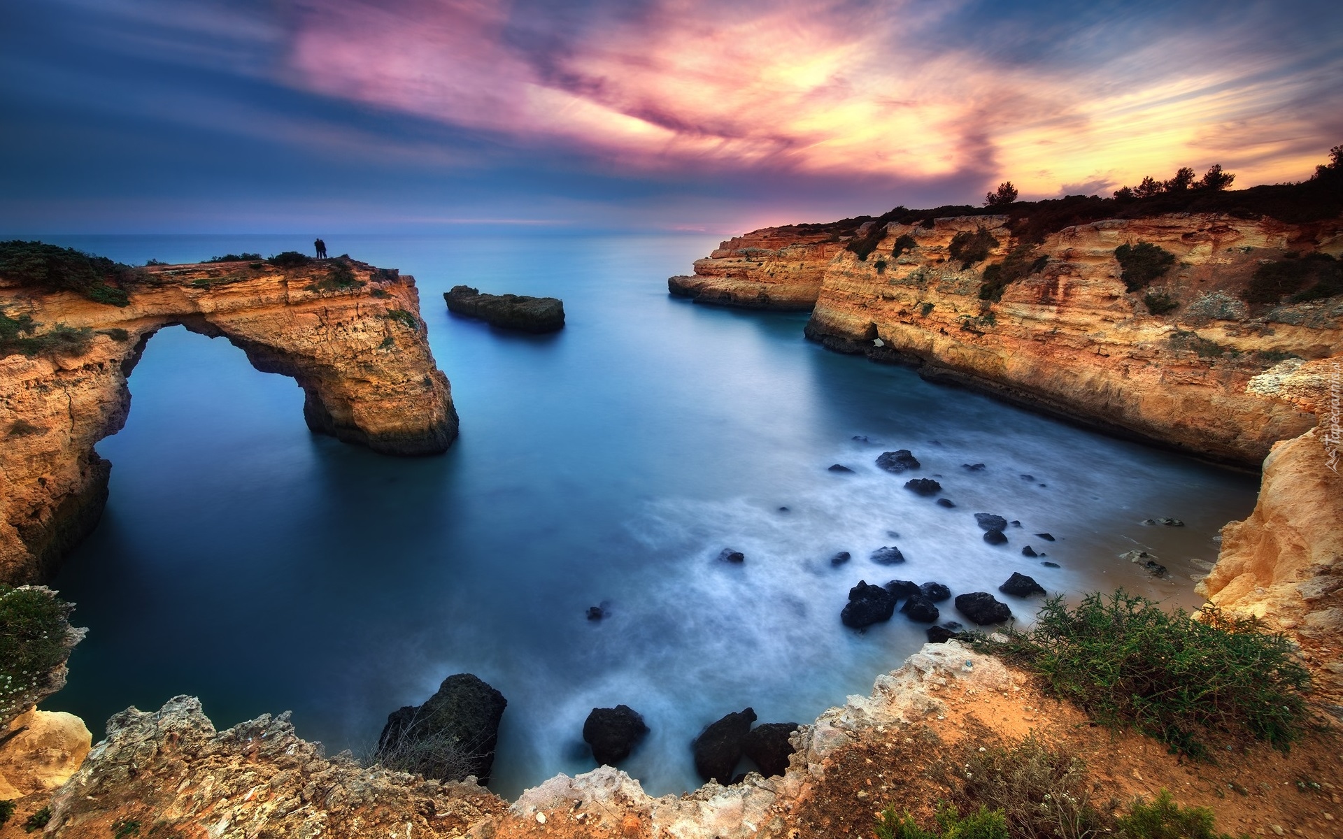 Portugalia, Region Algarve, Morze, Skały, Wschód słońca