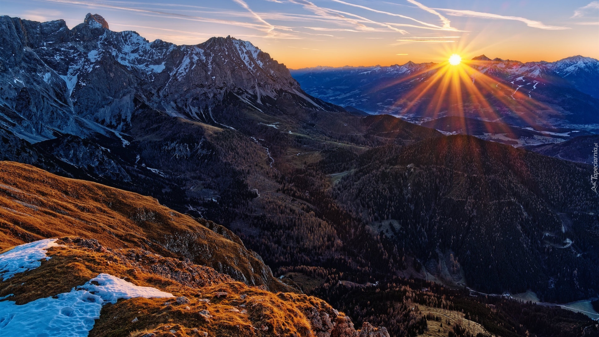 Wschód słońca, Promienie słońca, Góry, Alpy Salzburskie, Masyw Dachstein, Austria