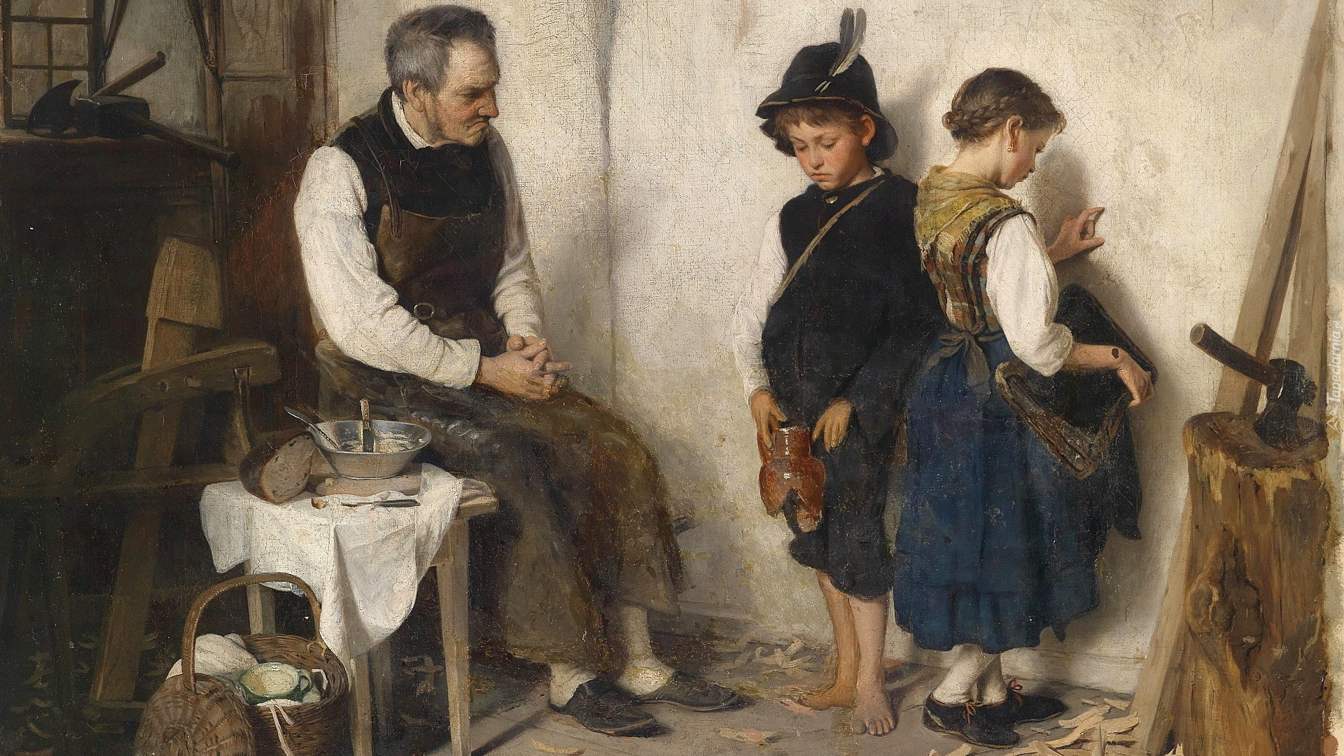 Malarstwo, Obraz, Gustav Igler, Mężczyzna, Dzieci, Izba