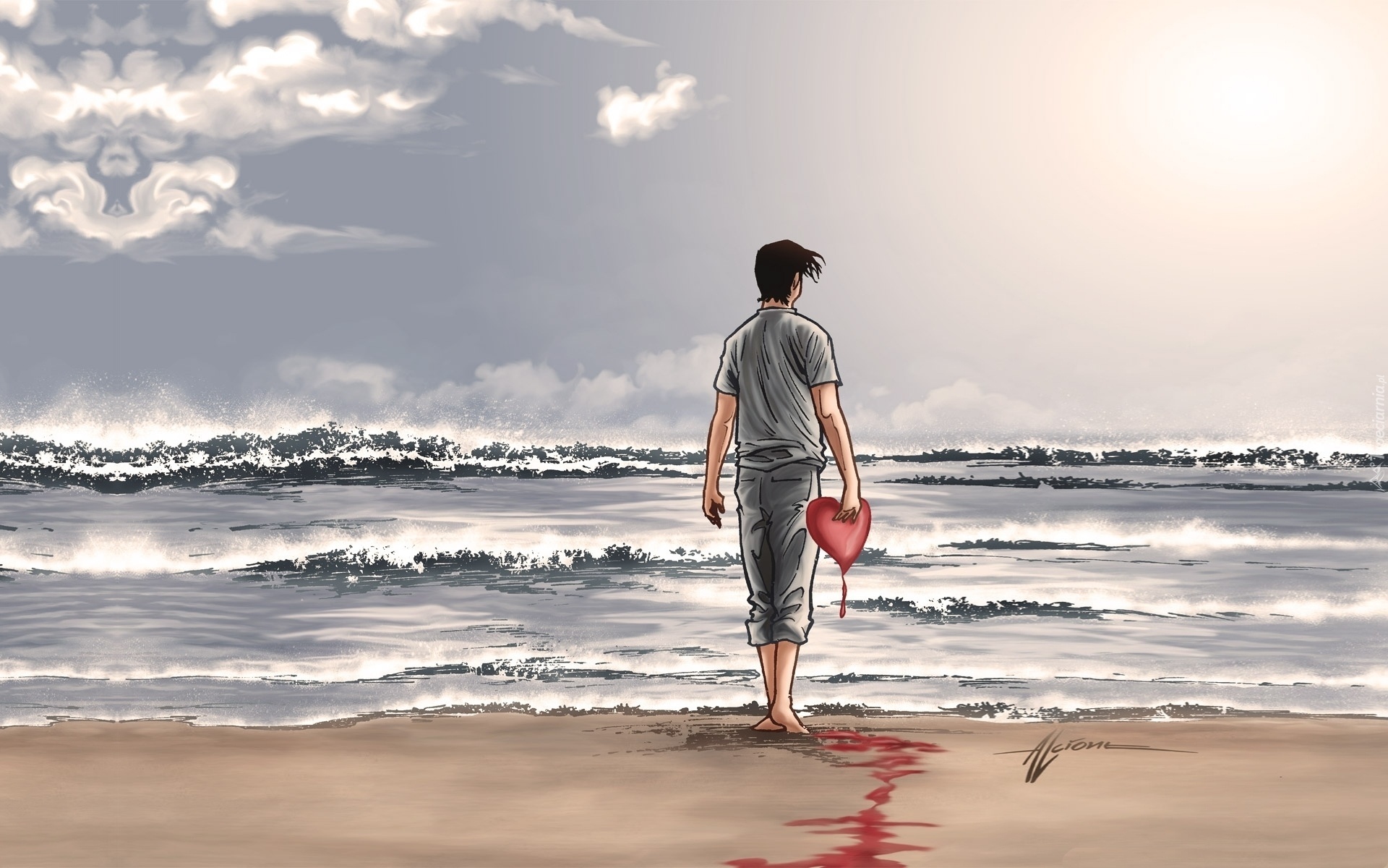 Morze, Mężczyzna, Krwawiące, Serce