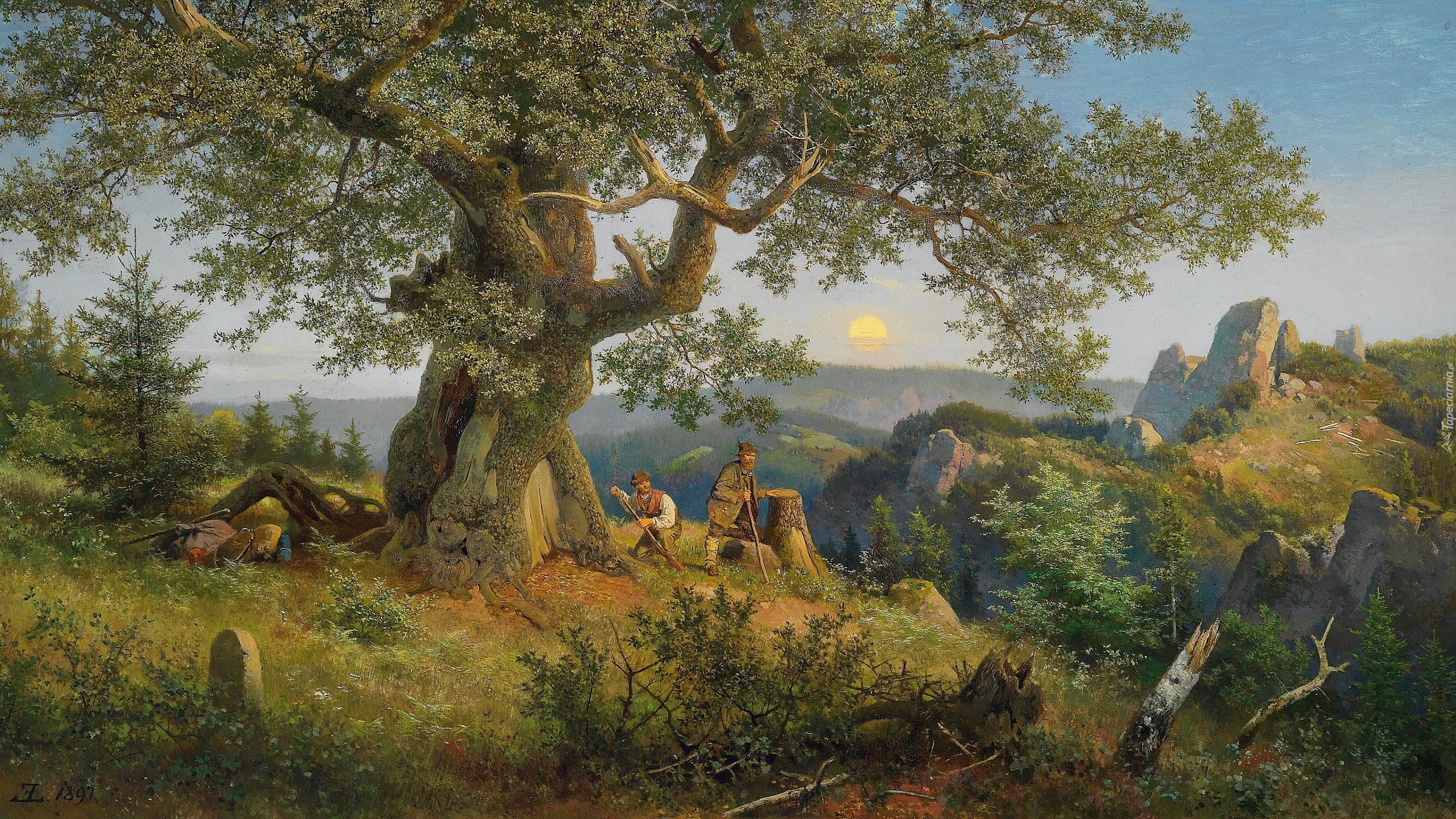 Malarstwo, Obraz, Eduard Leonhardi, Mężczyźni, Wzgórze, Drzewo