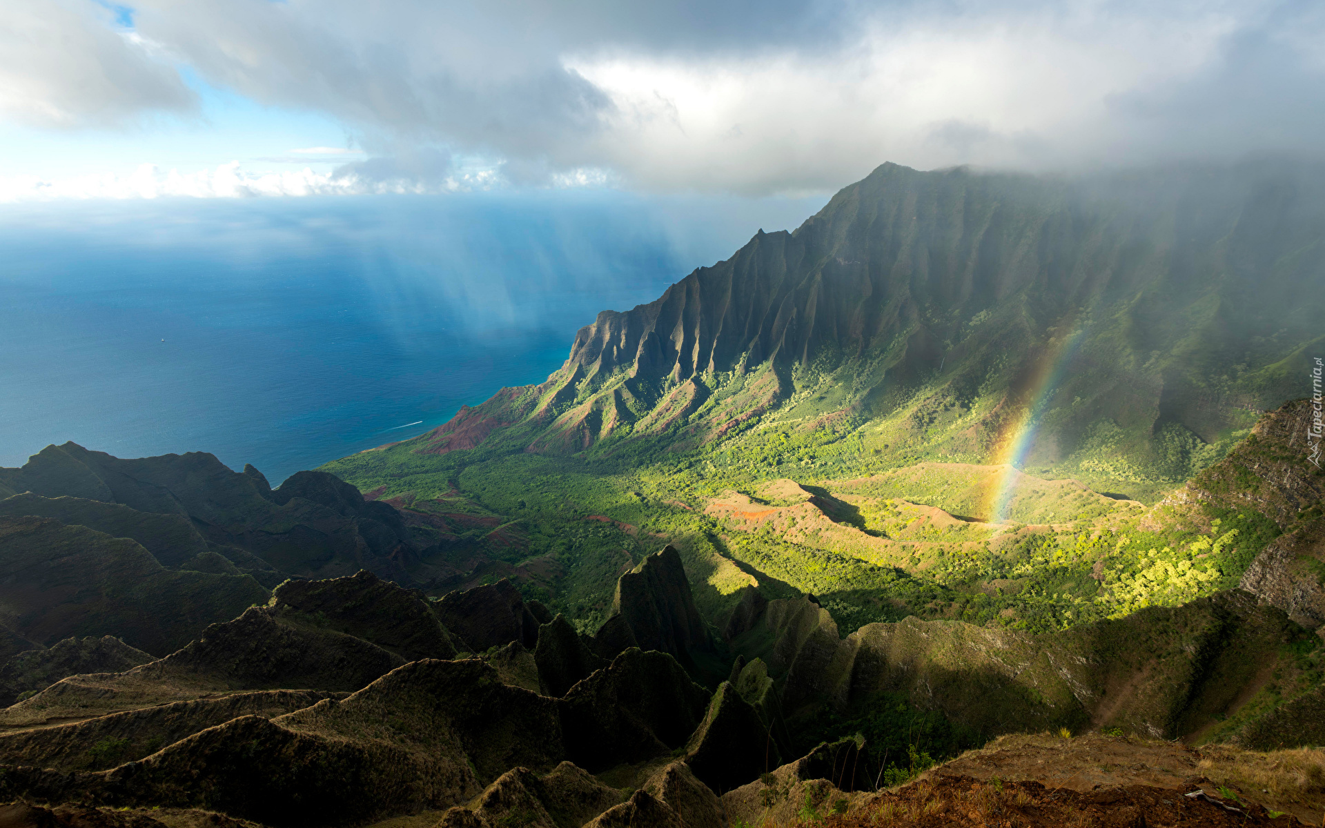 Hawaje, Wyspa Kauai, Góry, Morze, Tęcza, Słoneczny, Blask