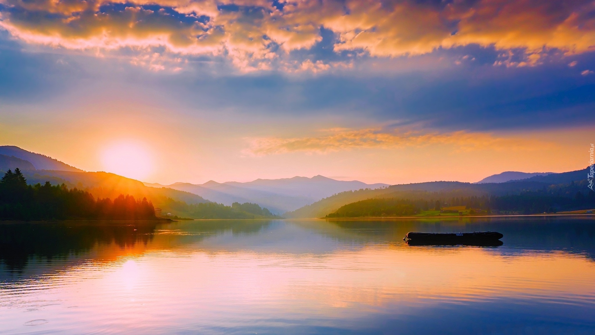 Jezioro, Wschód słońca, Góry