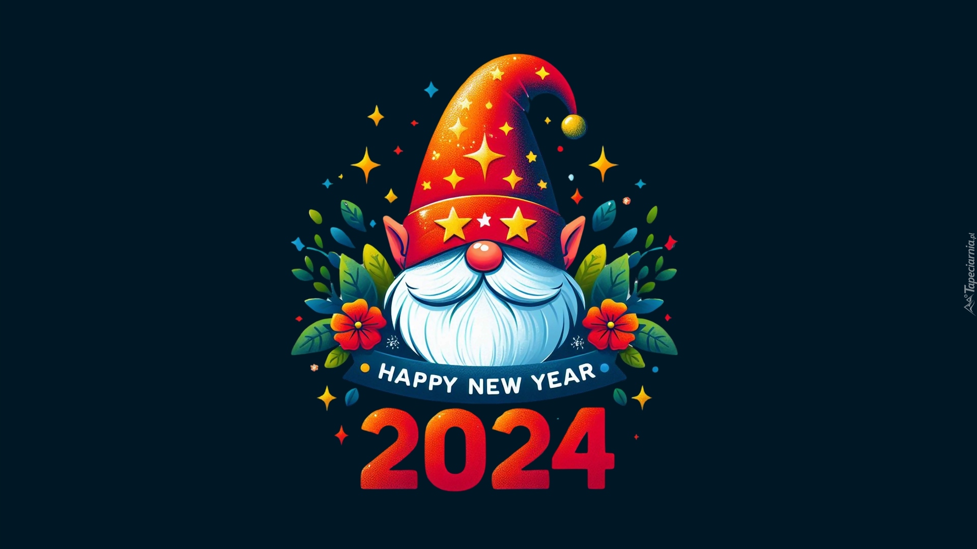 Nowy Rok, 2024, Życzenia, Kwiaty, Gwiazdki, Głowa, Mikołaj, Czarne, Tło