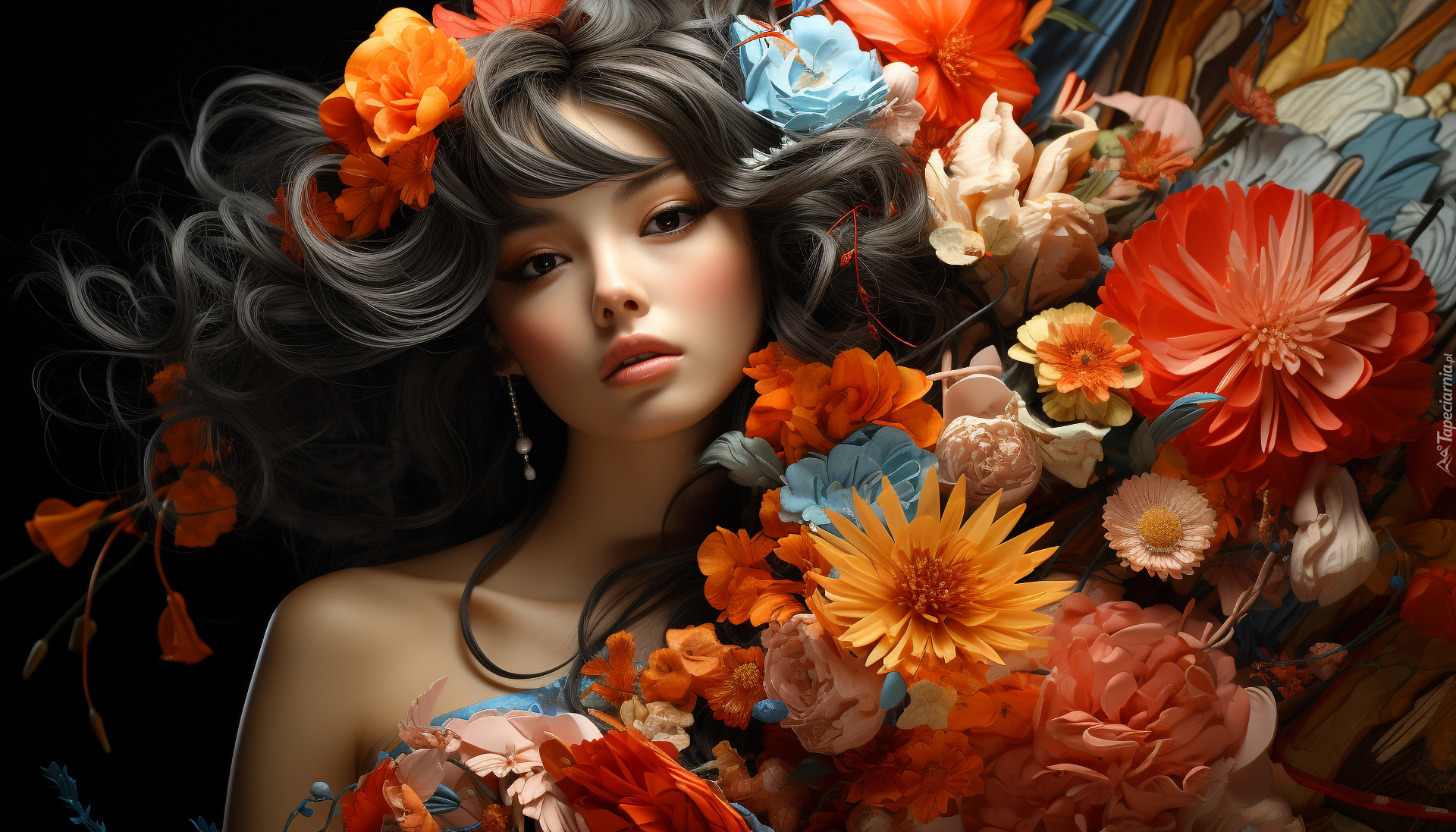 Kobieta, Szatynka, Makijaż, Kolorowe, Kwiaty, Grafika 2D