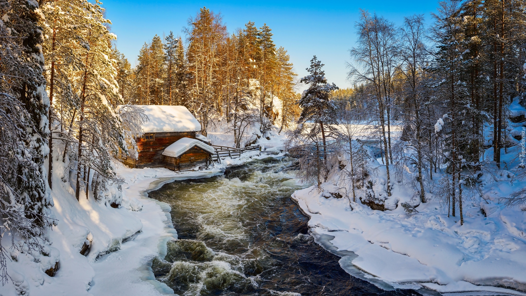 Las, Drzewa, Rzeka, Młyn Myllykoski, Zima, Park Narodowy Oulanka, Gmina Kuusamo, Laponia, Finlandia