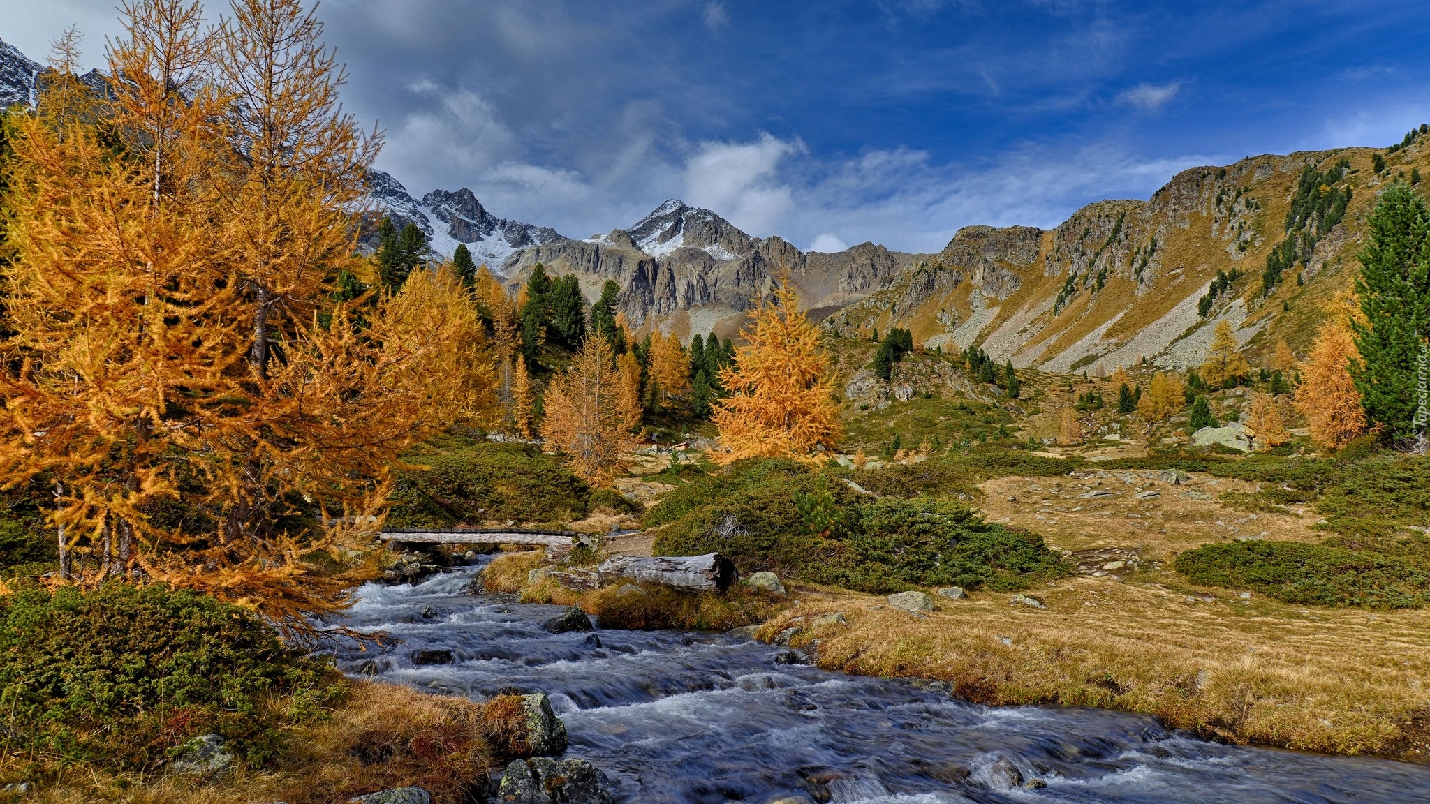 Jesień, Góry, Rzeka, Drzewa, Modrzewie, Dolina, Valle di Campo, Kanton Gryzonia, Szwajcaria