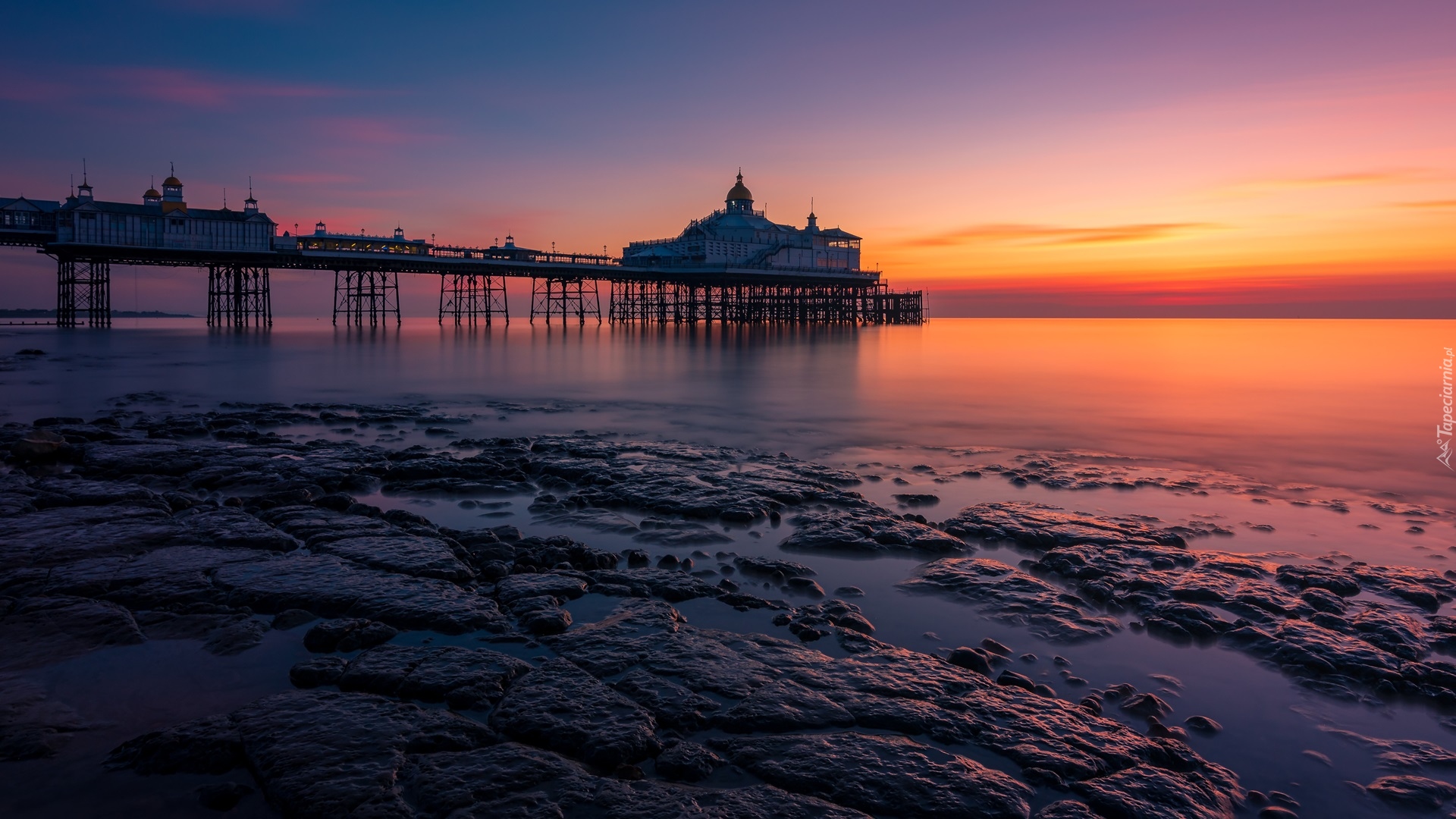 Molo, Eastbourne Pier, Morze, Zachód słońca, Eastbourne, Anglia