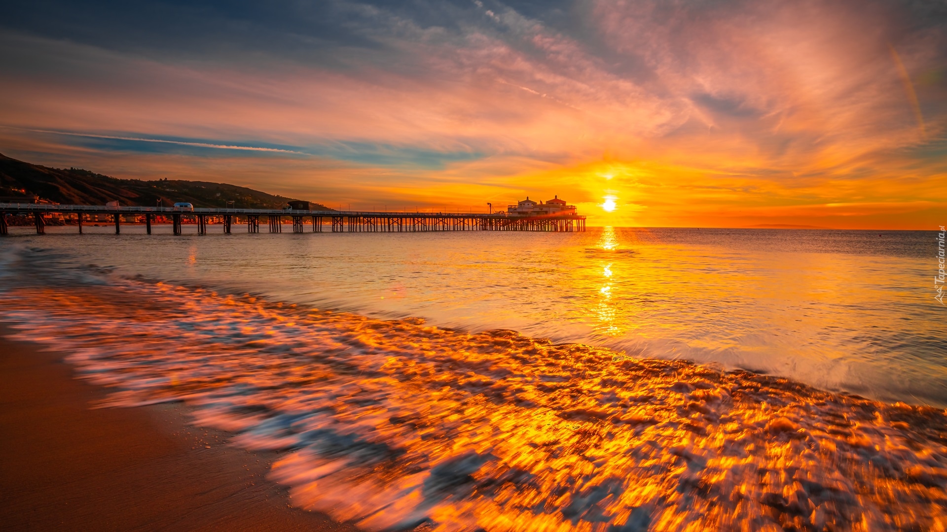 Morze, Plaża, Molo, Zachód słońca, Malibu, Kalifornia, Stany Zjednoczone