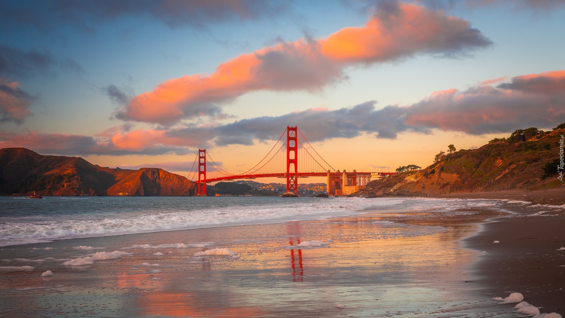 Stany Zjednoczone, Kalifornia, San Francisco, Skały, Most, Golden Gate Bridge, Cieśnina Golden Gate, Chmury