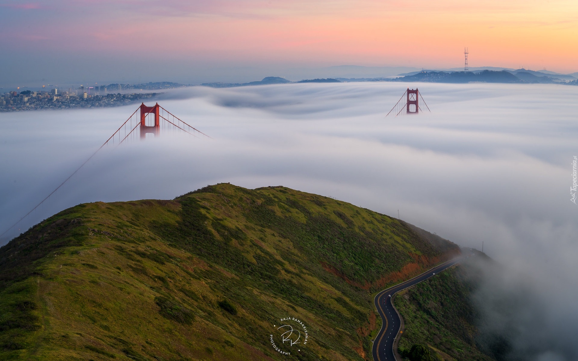 Stany Zjednoczone, San Francisco, Most, Golden Gate Bridge, Mgła, Góra, Droga