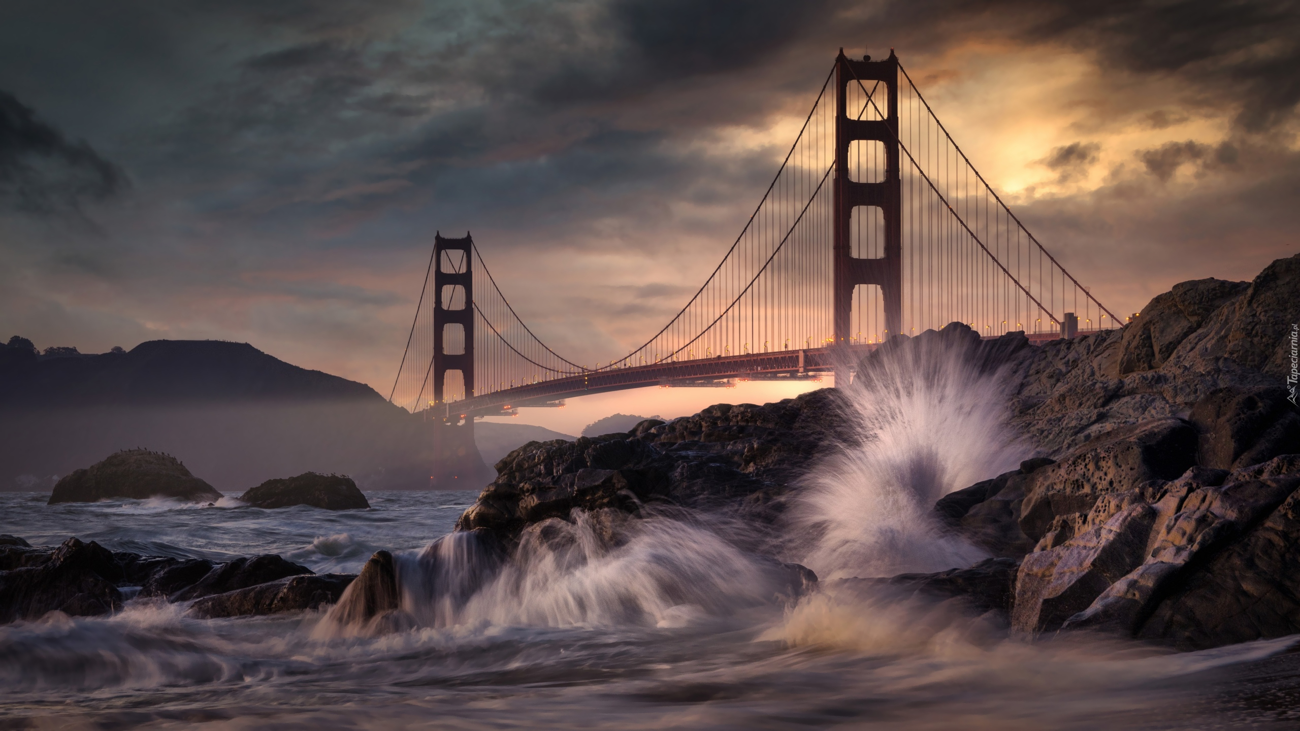 Most, Golden Gate, Skały, Fale, Cieśnina Golden Gate, San Francisco, Kalifornia, Stany Zjednoczone Most Golden Gate