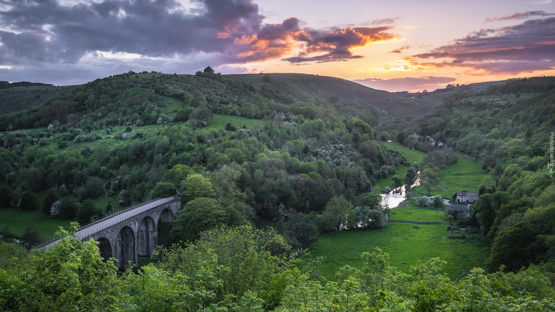 Dolina, Monsal Dale, Wzgórza, Most, Headstone Viaduct, Park Narodowy Peak District, Anglia