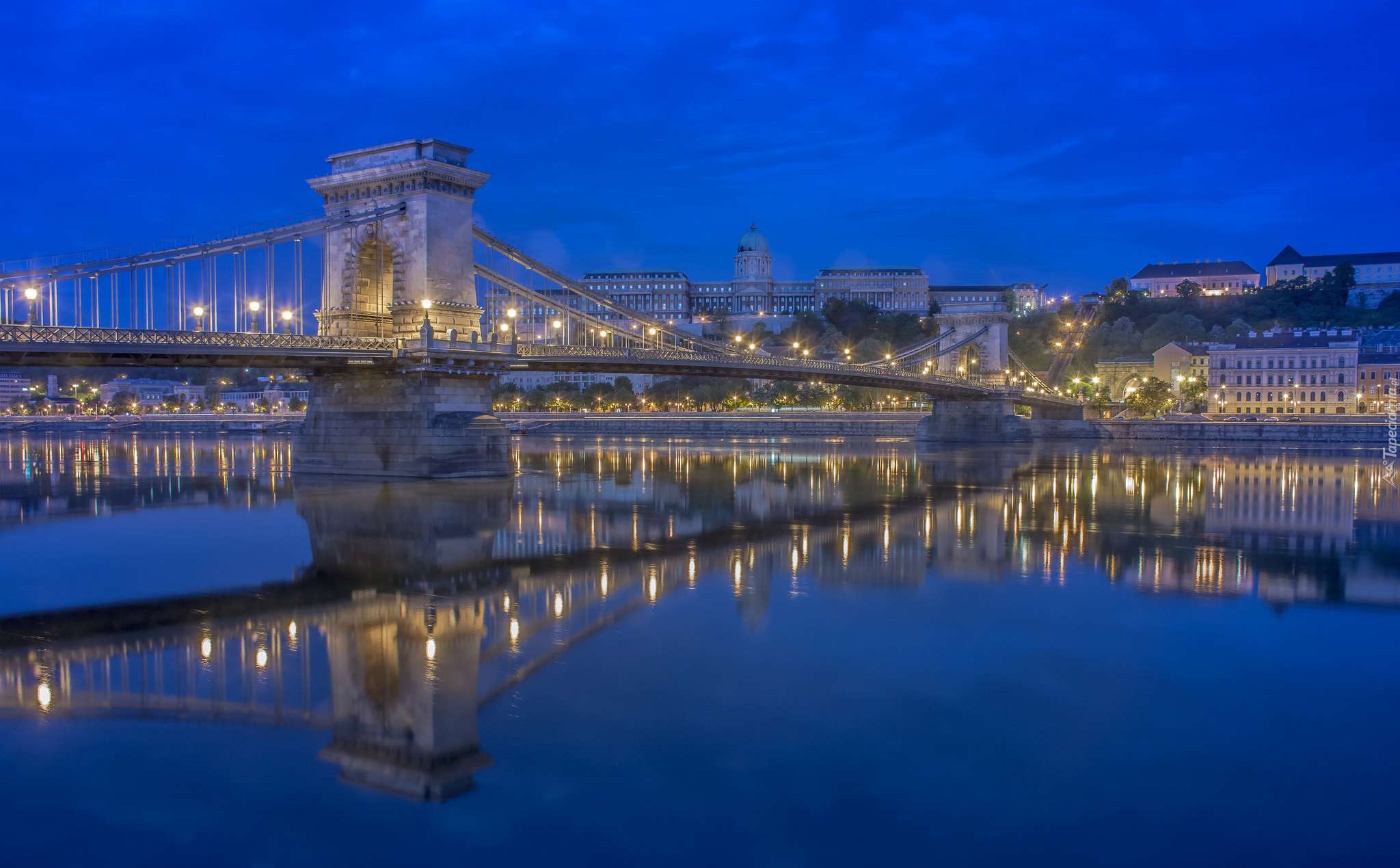 Węgry, Budapeszt, Noc, Most Łańcuchowy, Zamek Królewski, Rzeka Dunaj