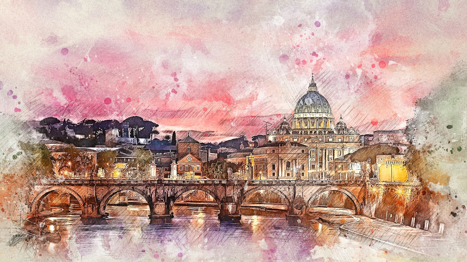 Grafika, Rzeka Tyber, Kościół, Domy, Most Ponte Umbert, Bazylika Świętego Piotra, Watykan