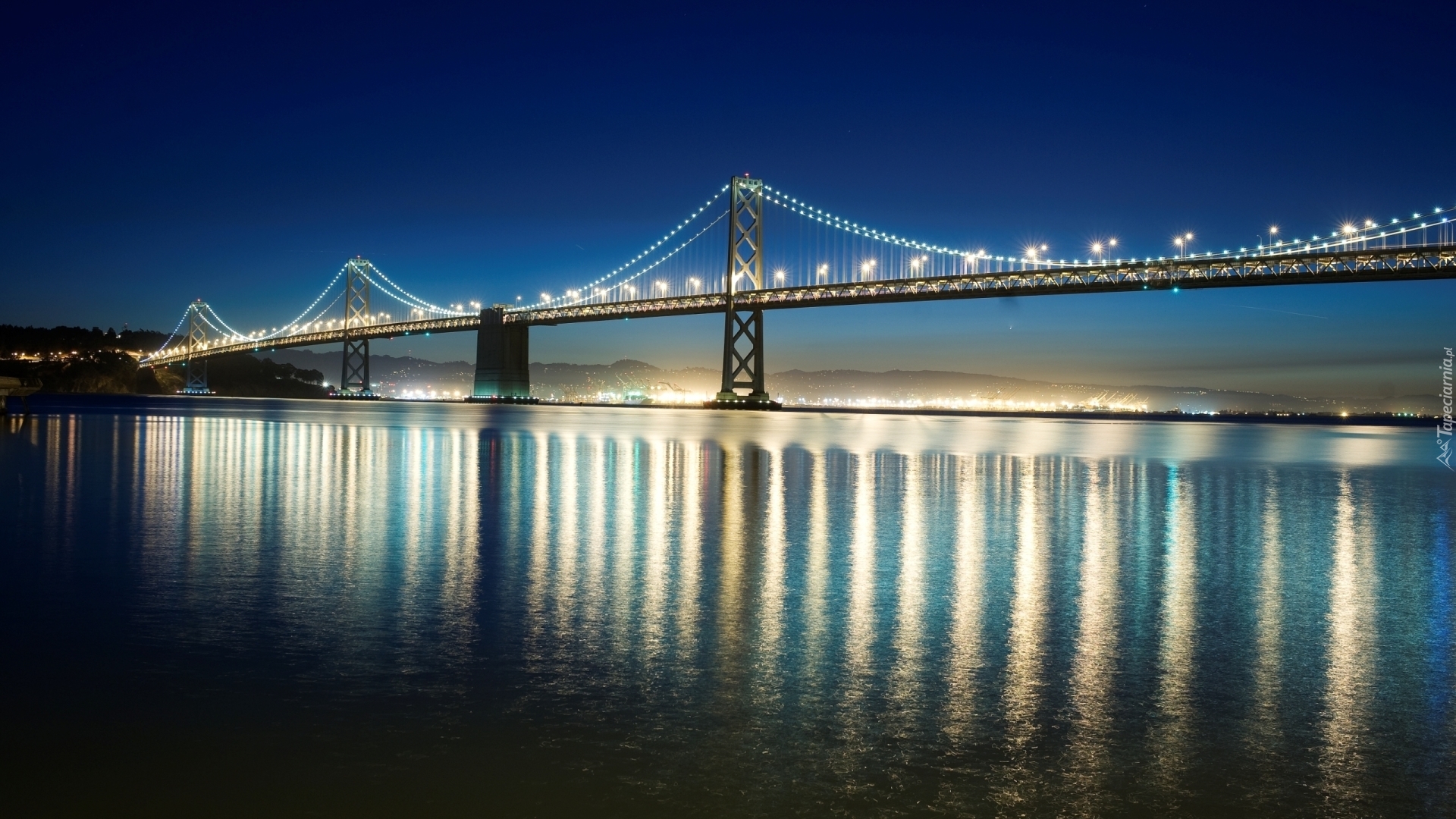 Stany Zjednoczone, Kalifornia, Most San Francisco-Oakland Bay Bridge, Rzeka, Noc