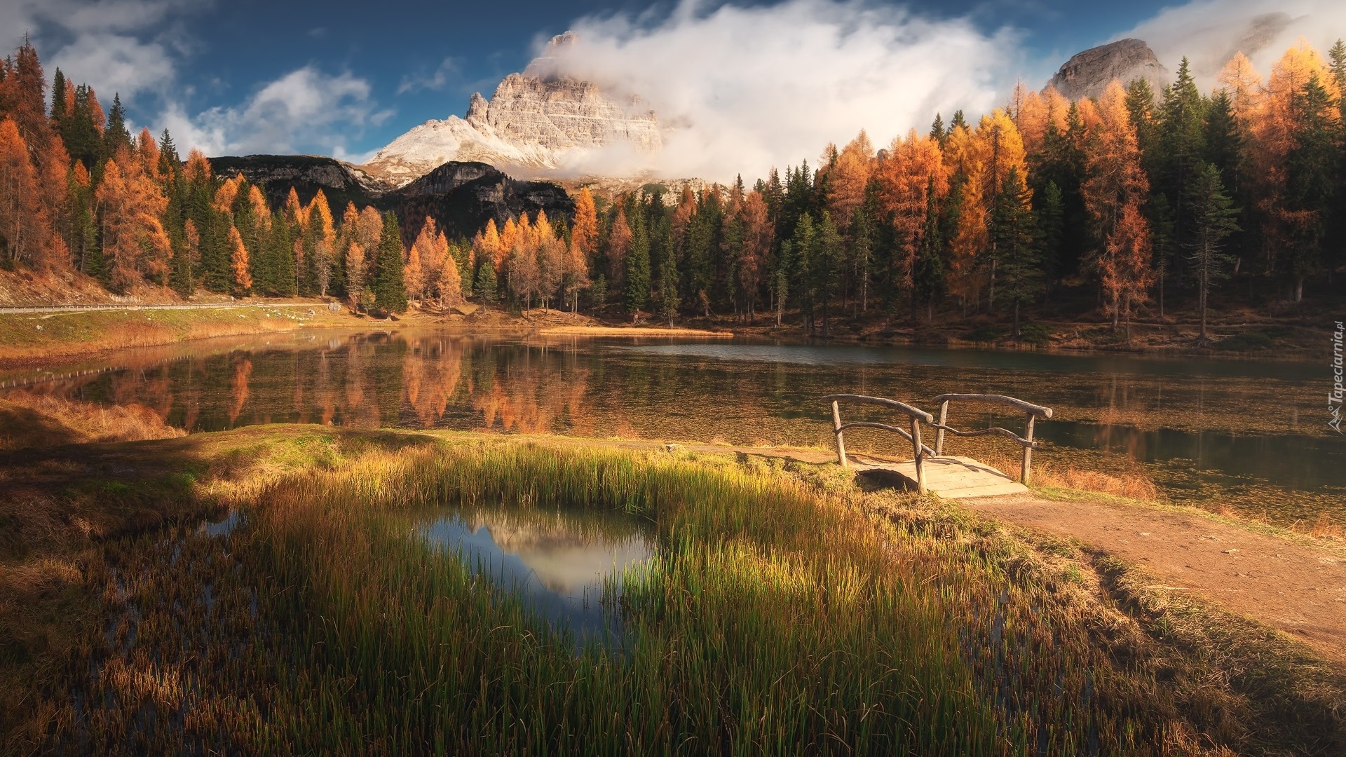 Jezioro, Antorno Lake, Mostek, Góry, Dolomity, Alpy, Drzewa, Jesień, Chmury, Włochy