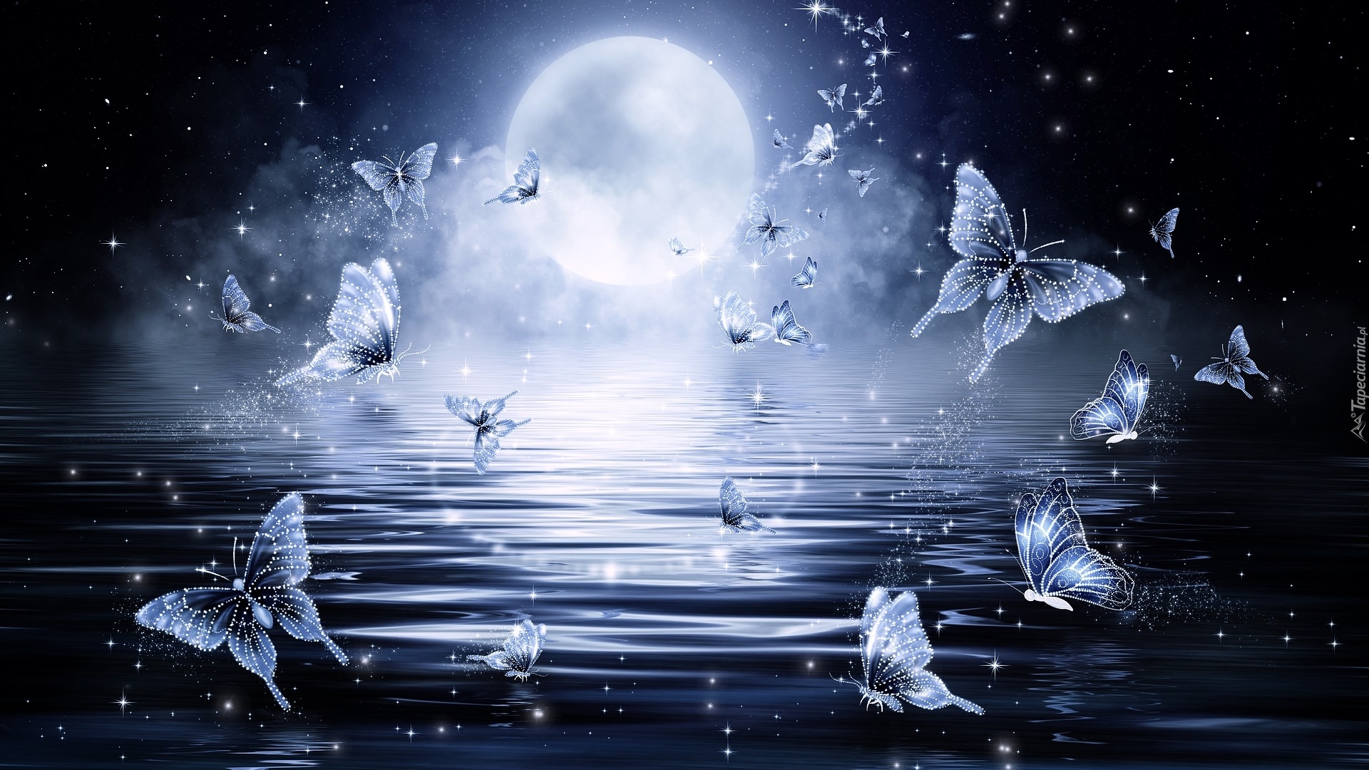 Fantasy, Noc, Księżyc, Motyle, Gwiazdy