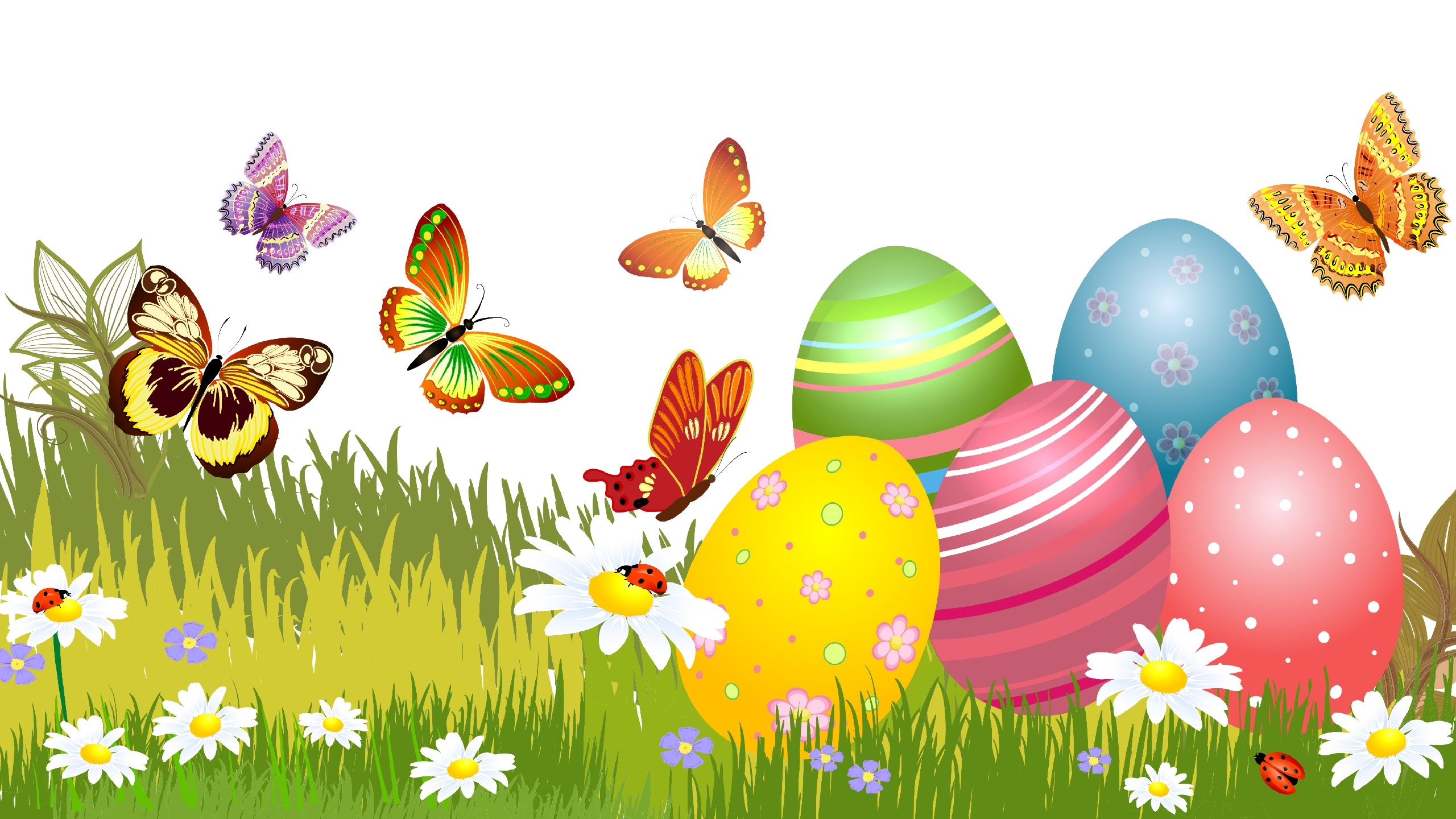 Wielkanoc, Pisanki, Trawa, Kwiatki, Motyle, Grafika 2D