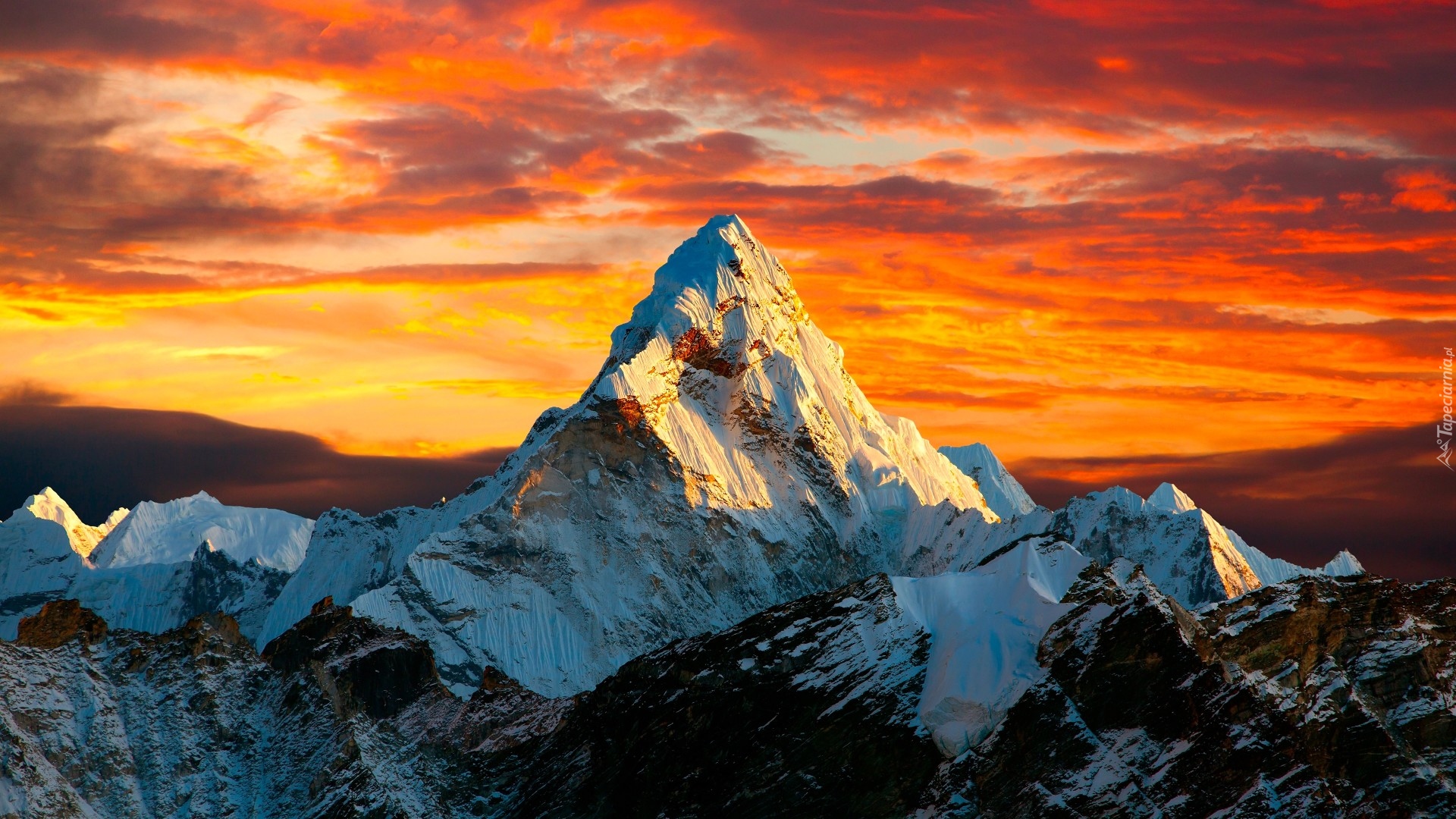 Nepal, Himalaje, Ośnieżone, Góry, Szczyty, Mount Everest, Czomolungma, Zachód słońca, Chmury