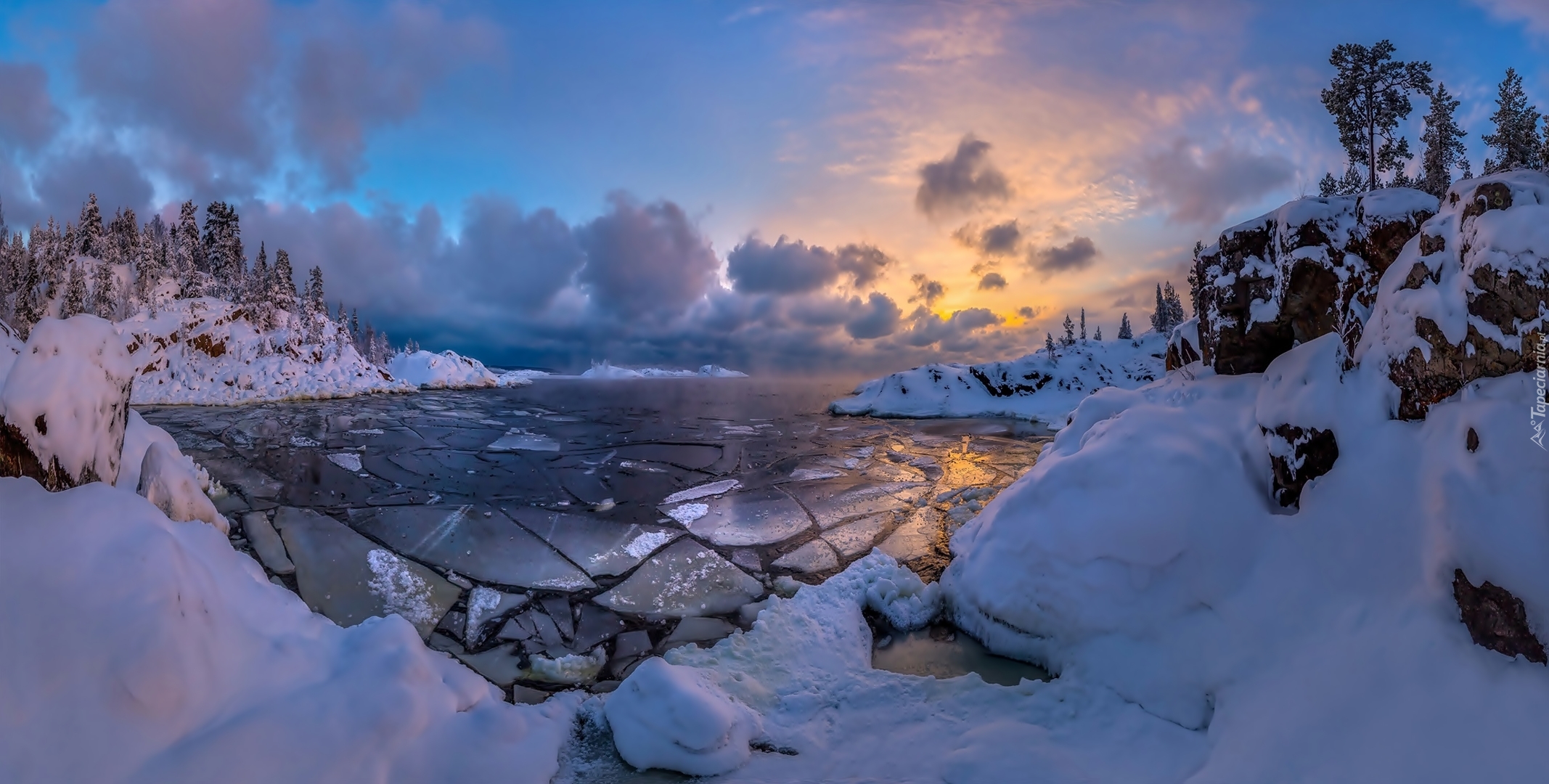 Rosja, Jezioro Ładoga, Zima, Lód, Wschód słońca