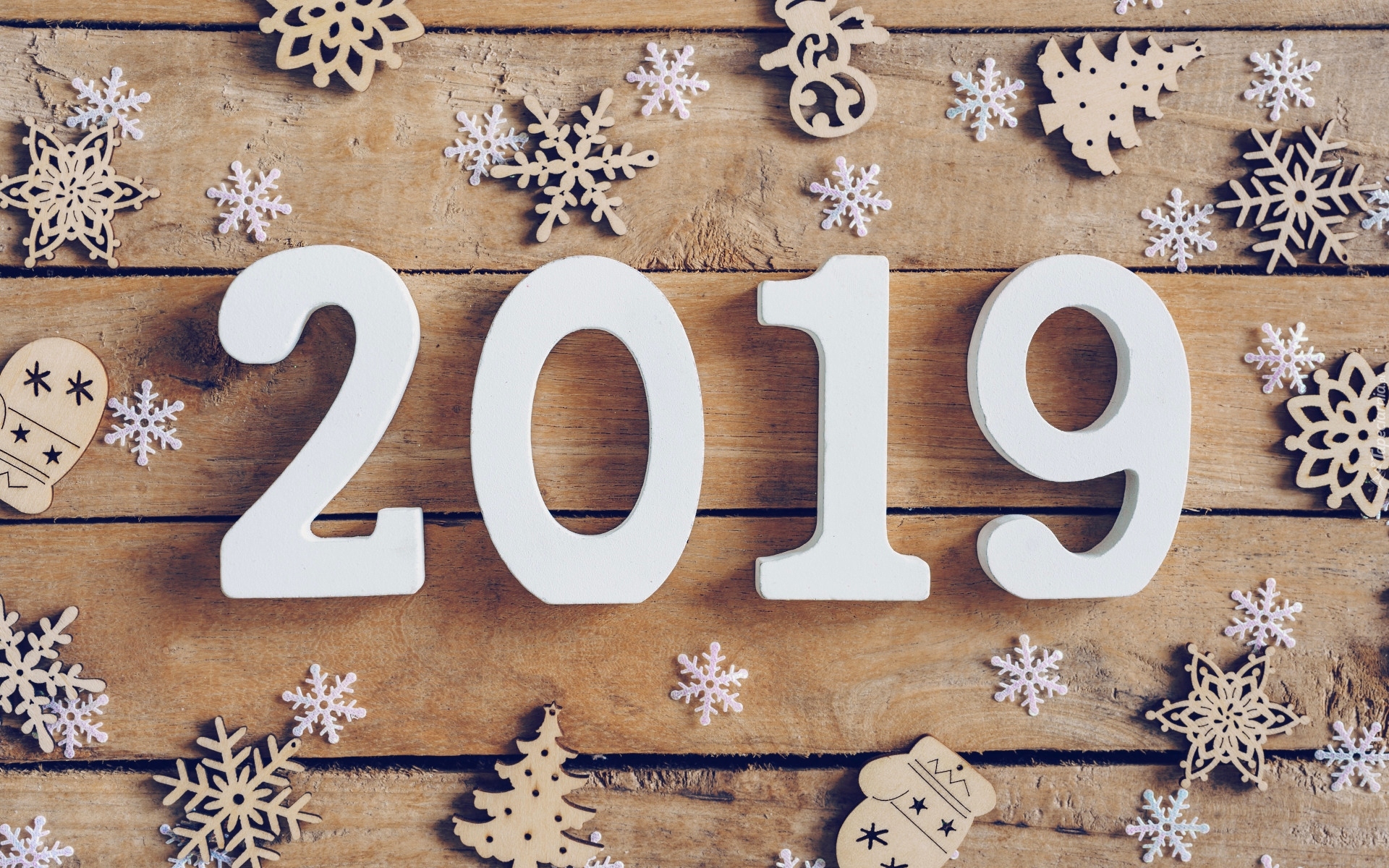 Nowy Rok, 2019, Ozdoby, Śnieżynki, Choinki, Deski