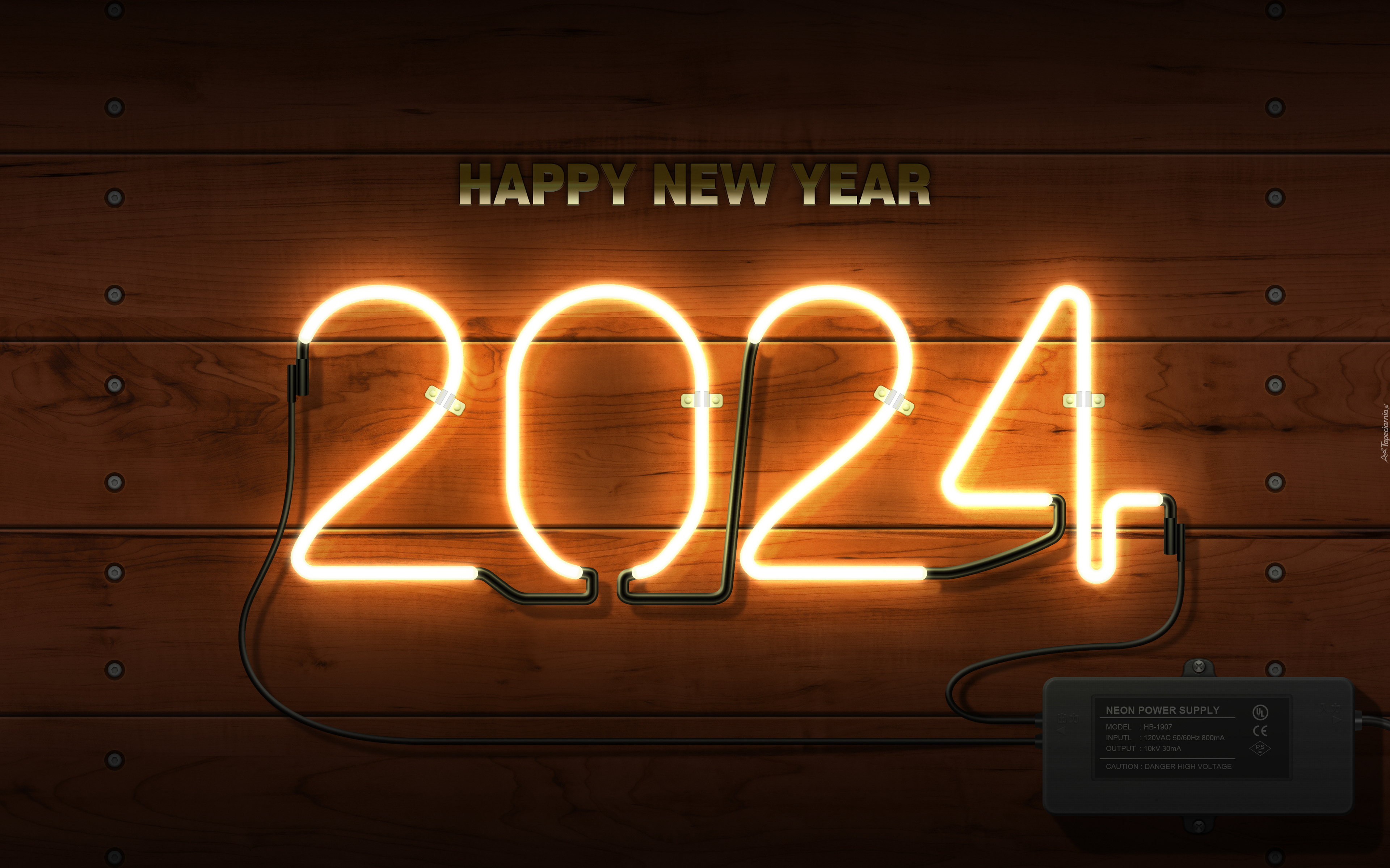 Sylwester, Neon, Napis, Happy New Year, 2024, Ściana, Deski