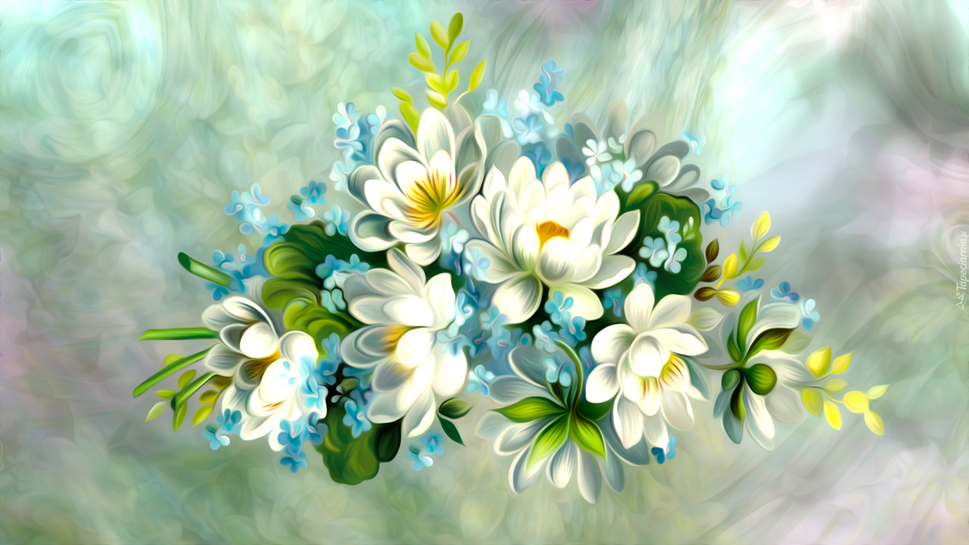 Niebieskie, Białe, Kwiaty, Bukiet, Grafika