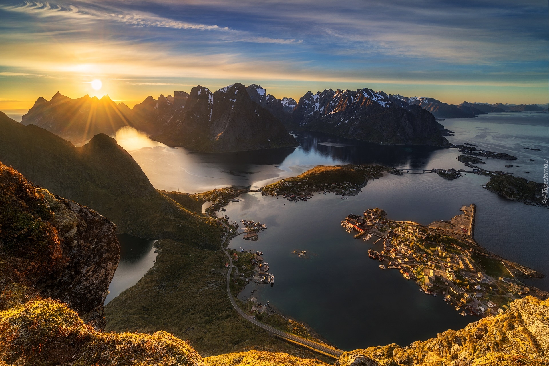 Zachód słońca, Góry, Morze, Lofty, Norwegia