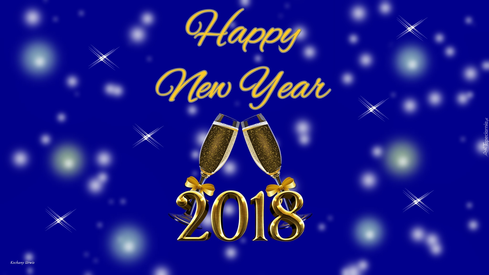 Nowy Rok, 2018, Kieliszki, Szampan, Napis, Happy New Year