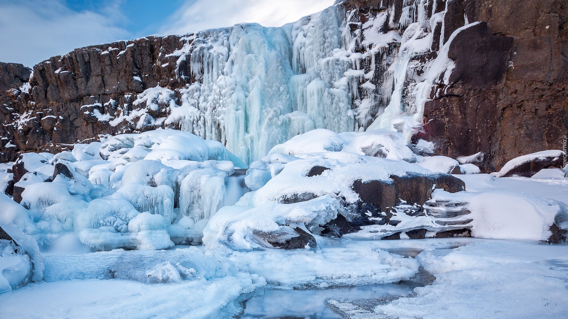 Islandia, Wodospad Oksararfoss, Zima, Lód, Śnieg