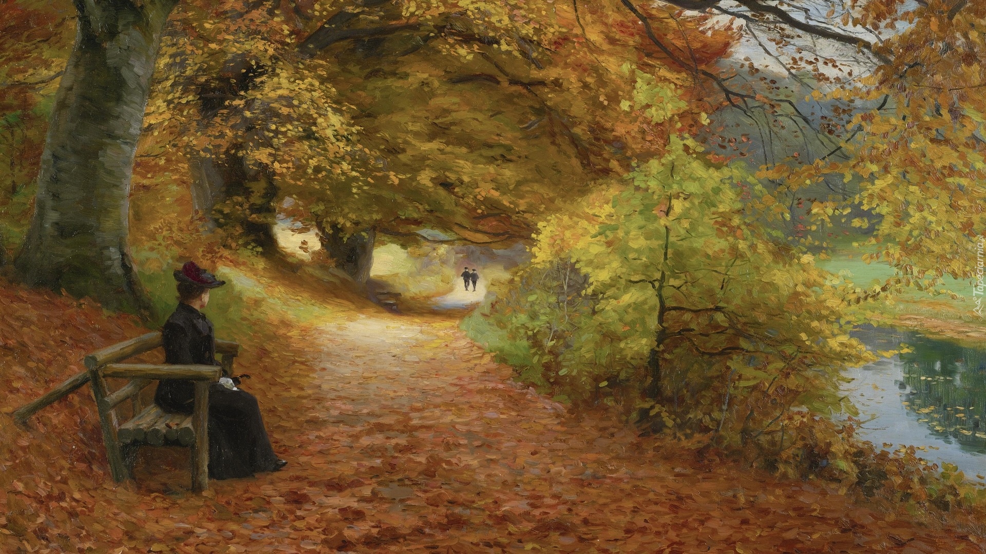 Obraz, Malarstwo, A wooded path in autumn, Hans Andersen Brendekilde, Jesień, Droga, Ławka, Kobieta