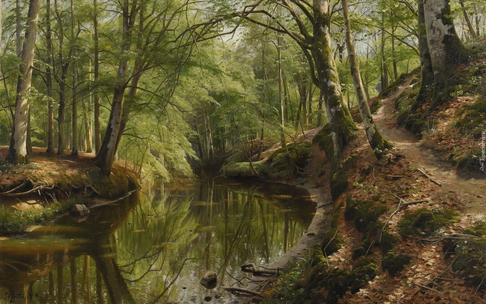 Obraz, Malarstwo, Peder Mork Monsted, Pejzaż, Rzeka, Las, Drzewa, Ścieżka