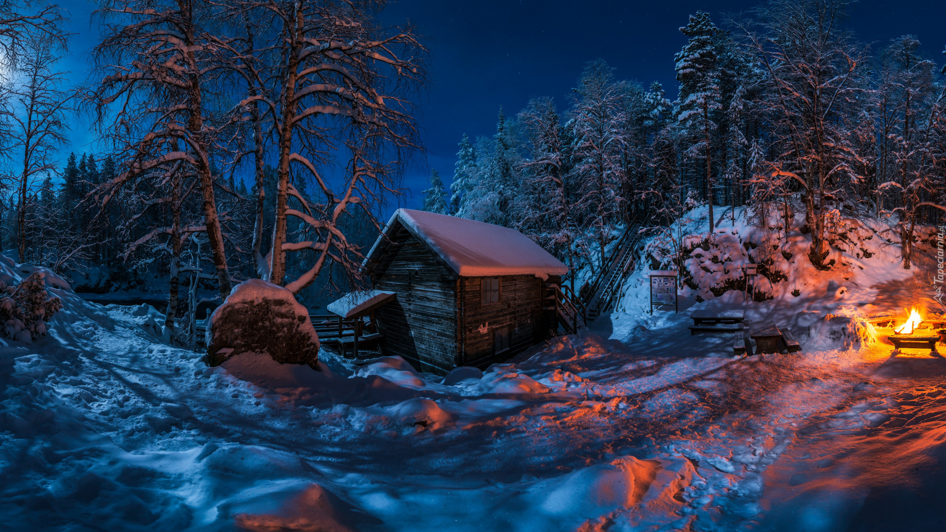 Zima, Las, Śnieg, Drzewa, Noc, Ognisko, Park Narodowy Oulanka, Drewniany, Młyn Myllykoski, Laponia, Finlandia