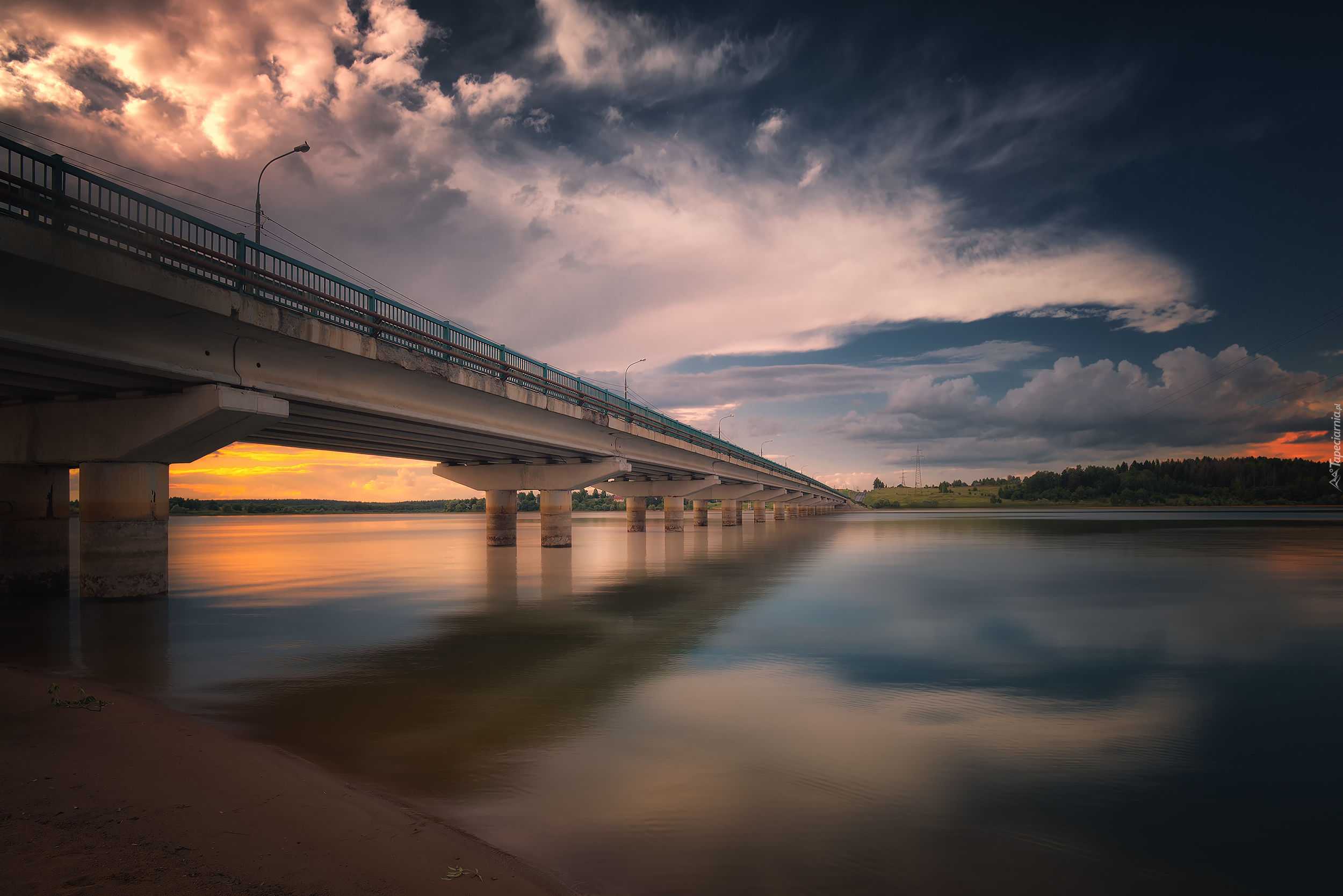 Most, Rzeka, Chmury, Zachód słońca