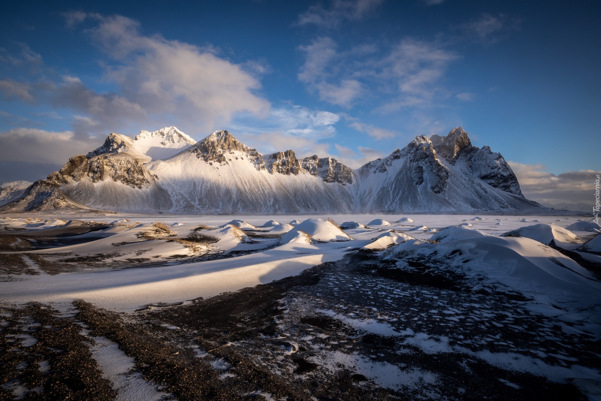 Islandia, Śnieg, Zima, Góra Vestrahorn