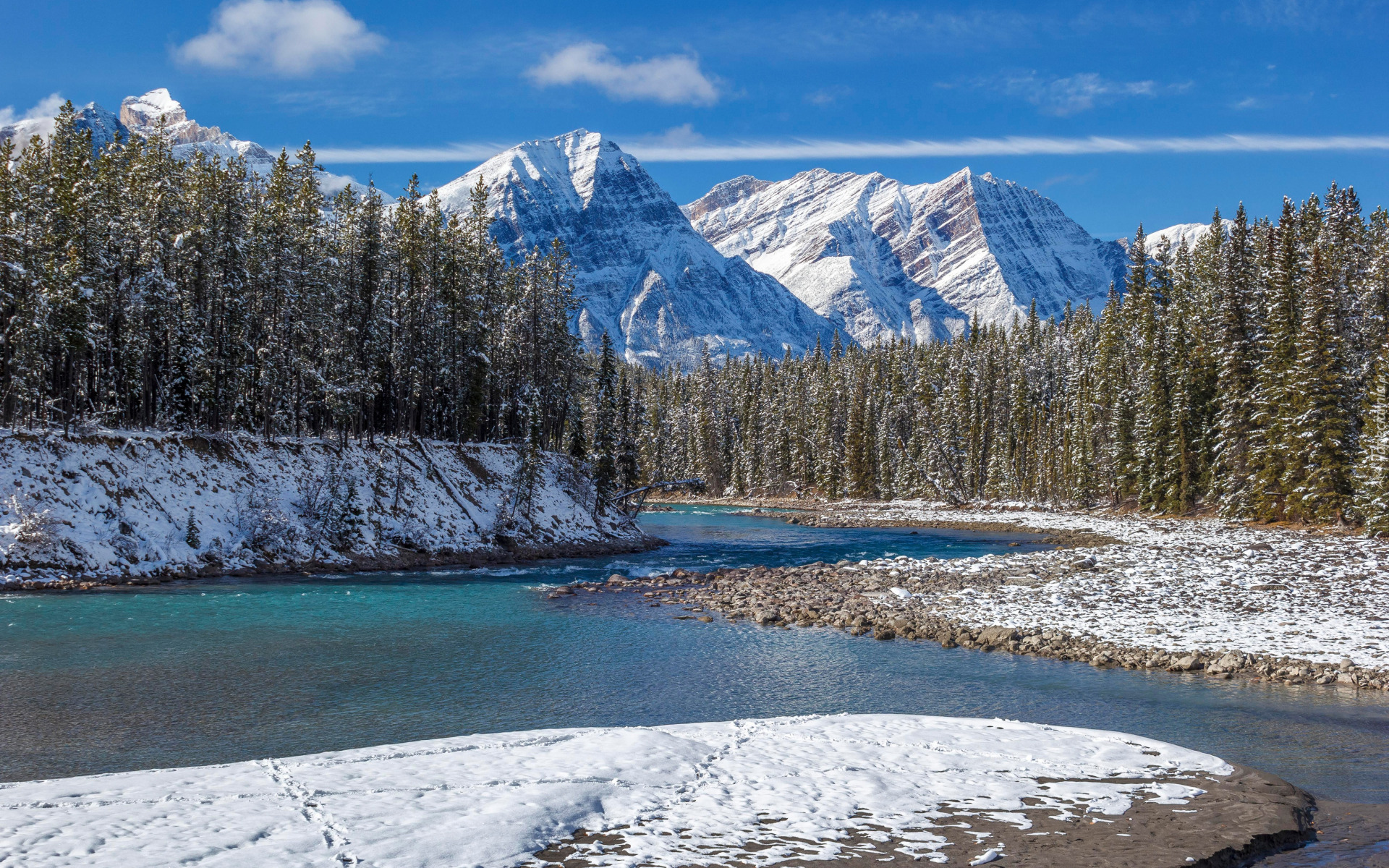 Kanada, Prowincja, Alberta, Park Narodowy Banff, Góry Skaliste, Rzeka, Bow River, Zima, Śnieg, Las, Drzewa