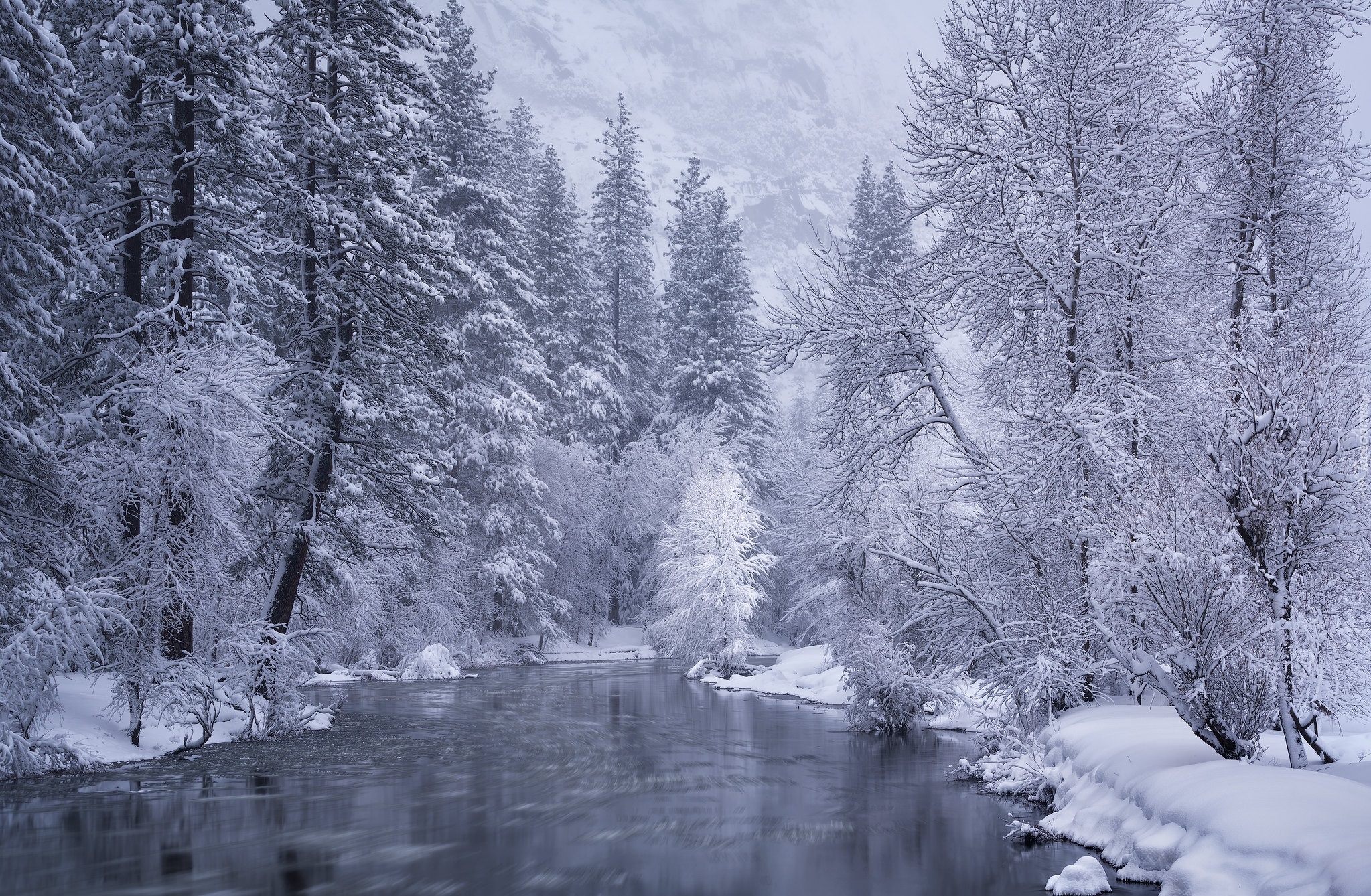 Zima, Rzeka, Drzewa, Śnieg, Czarno-białe
