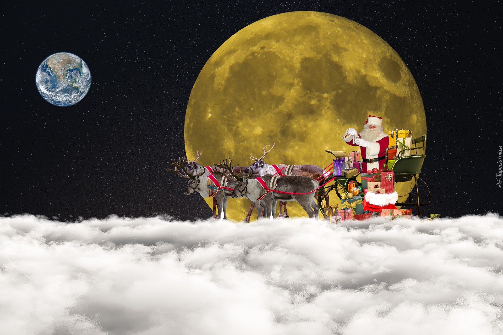 Święta, Mikołaj, Renifery, Prezenty, Księżyc