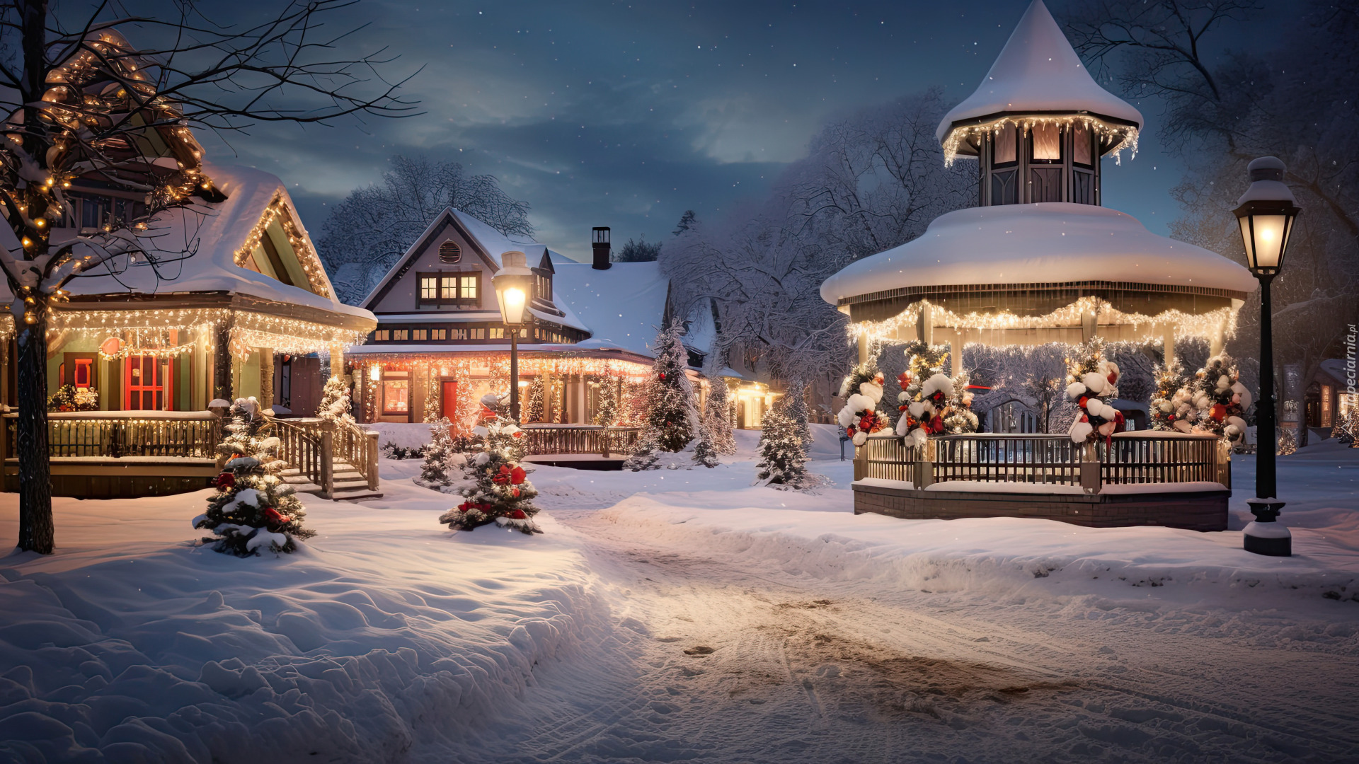 Zima, Boże Narodzenie, Domy, Altana, Oświetlenie