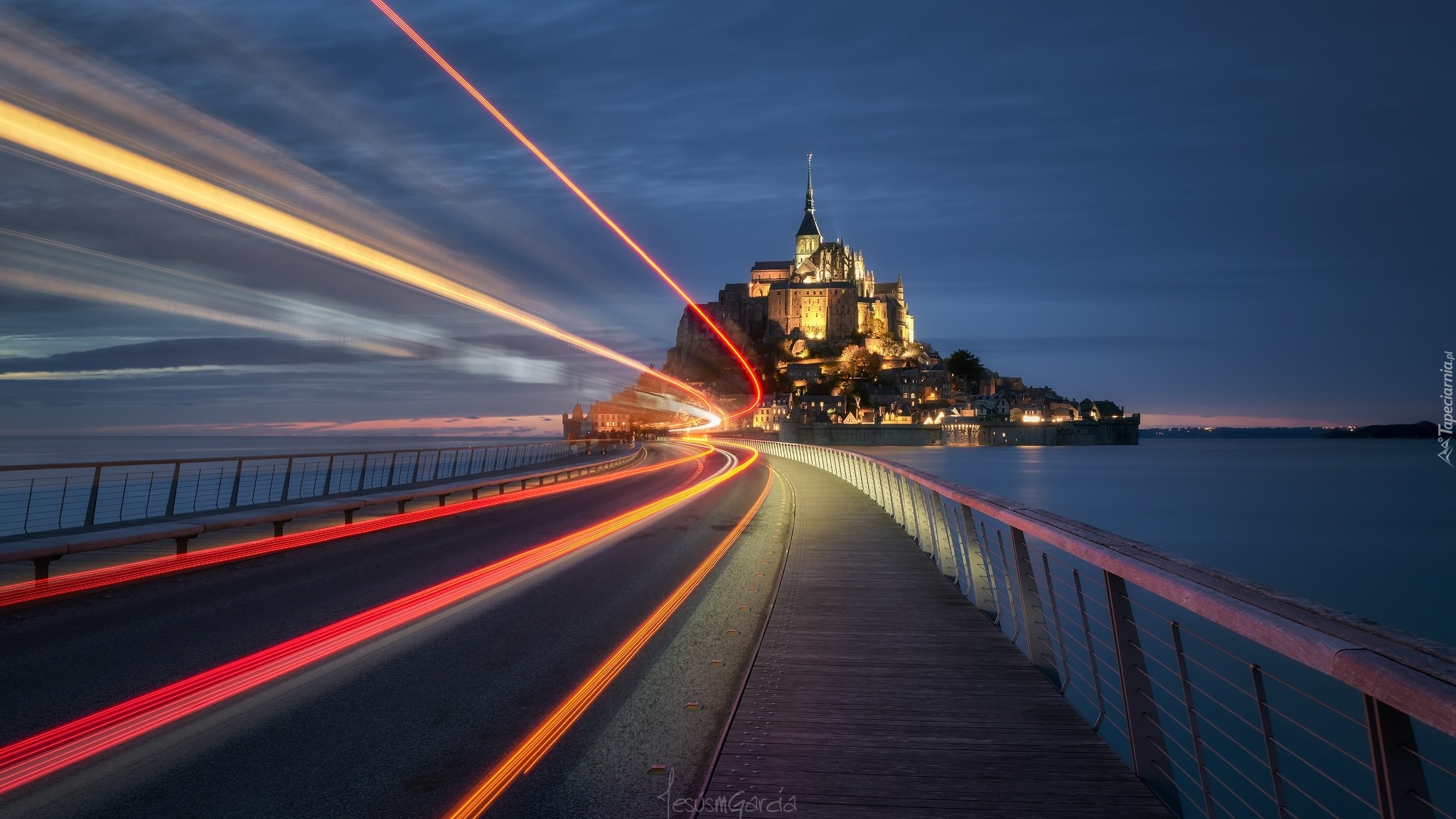 Opactwo św Archanioła, Klasztor, Mont Saint Michel, Most, Światła, Normandia, Francja