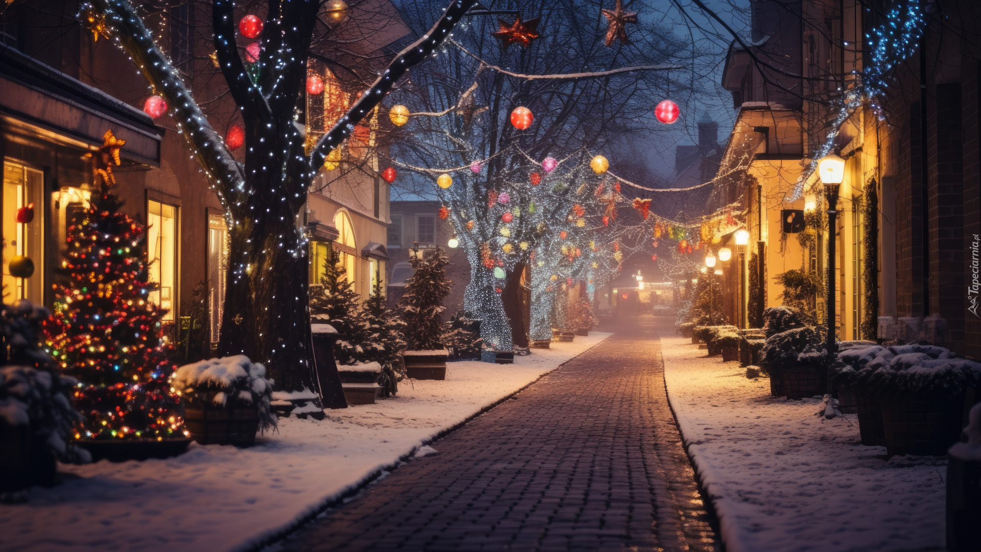 Dekoracja, Zima, Śnieg, Drzewa, Domy, Ulica, Choinka, Noc, Światła, Boże Narodzenie