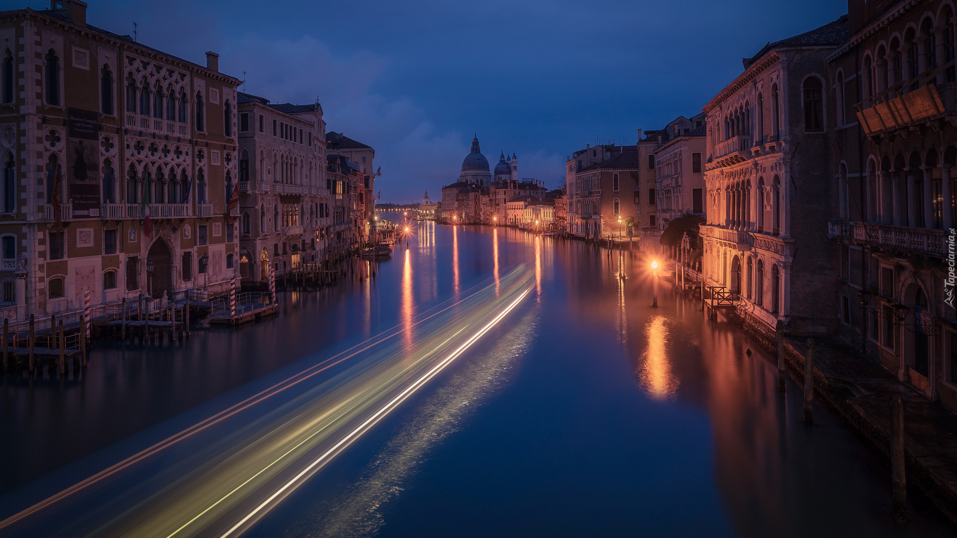 Canal Grande, Kanał, Noc, Oświetlone, Domy, Wenecja, Włochy