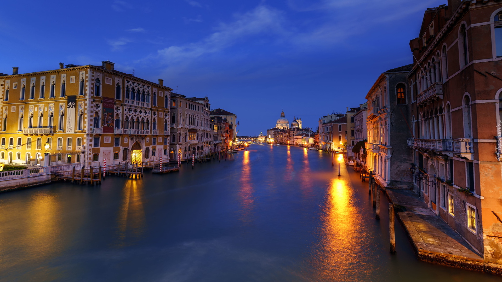 Kanał, Canal Grande, Noc, Oświetlone, Domy, Wenecja, Włochy