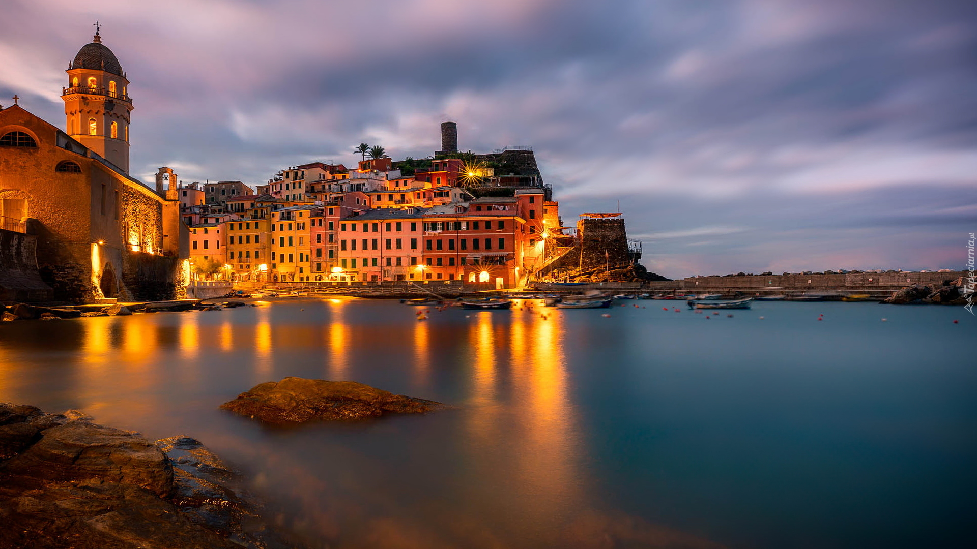 Vernazza, Morze, Oświetlona, Domy, Cinque Terre, Liguria, Włochy