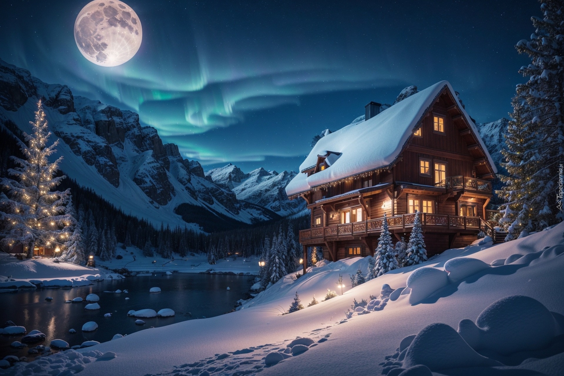 Zima, Dom, Księżyc, Góry, 2D