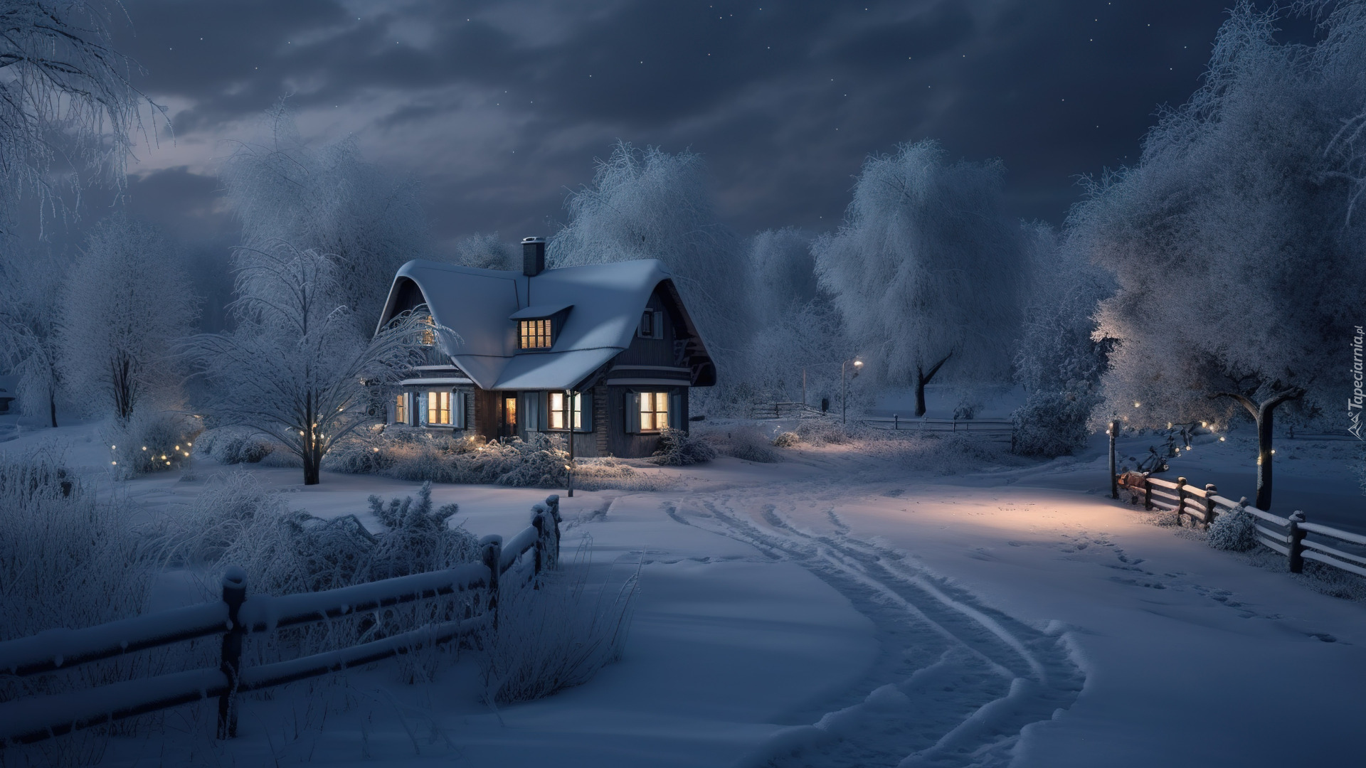 Zima, Dom, Drzewa, Śnieg
