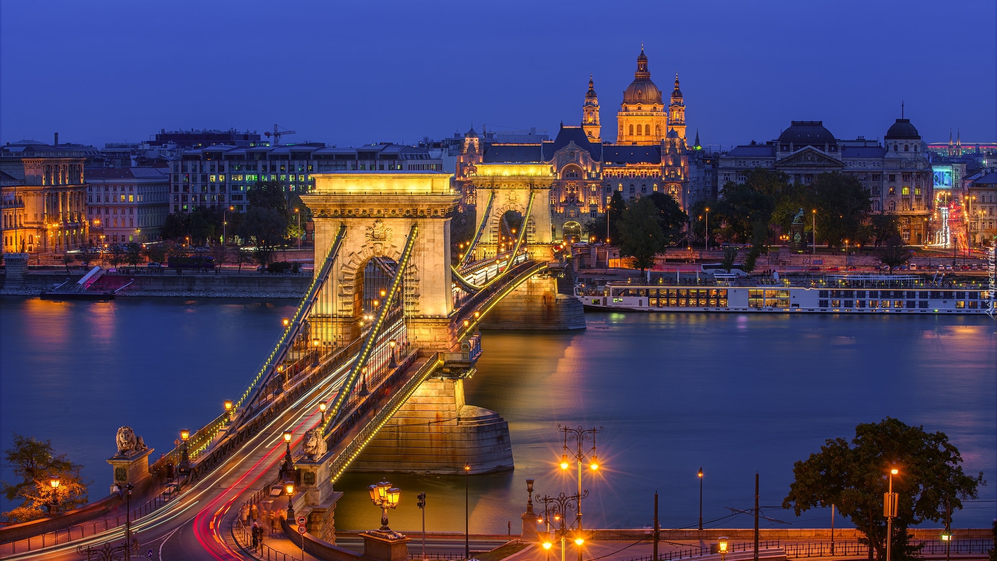 Węgry, Budapeszt, Noc, Rzeka, Dunaj, Most łańcuchowy, Oświetlenie